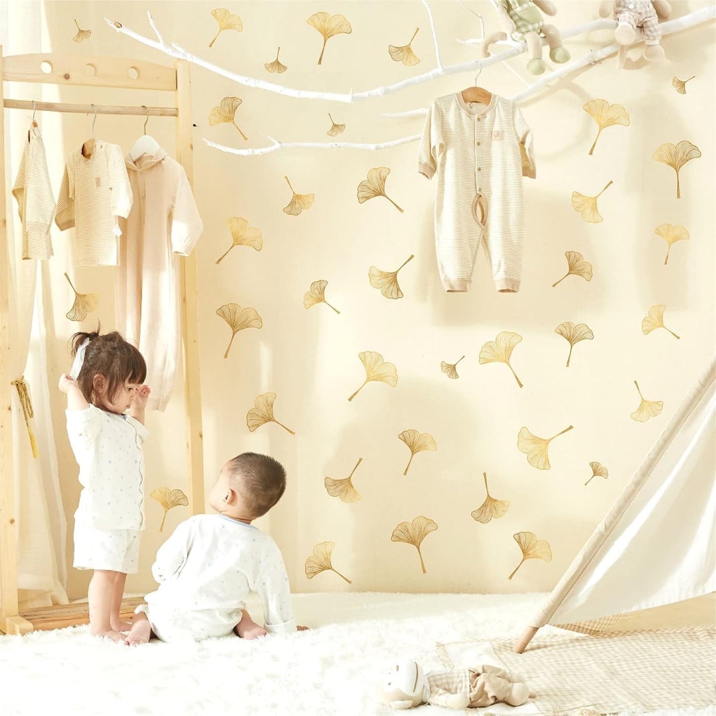 Golden Wall Decals Peel and Stick Golden Leaves Wall Stickers Modern Leaf Vinyl Wall Decals / Yellow