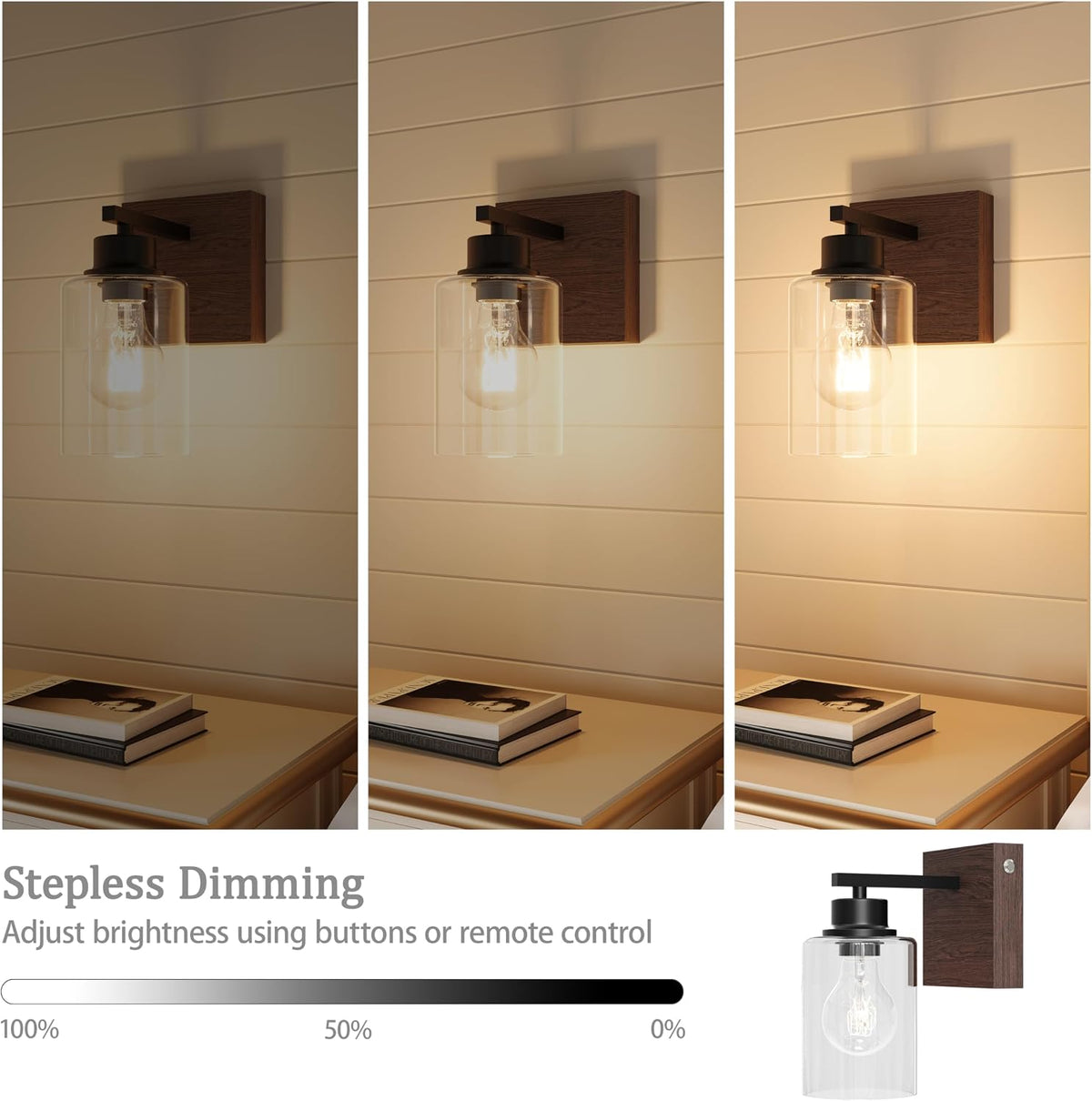 Rayogale Wireless Battery Operated Wall Sconce Set of 2 with Remote Control | Black & Walnut Dimmable Rechargeable Wall
