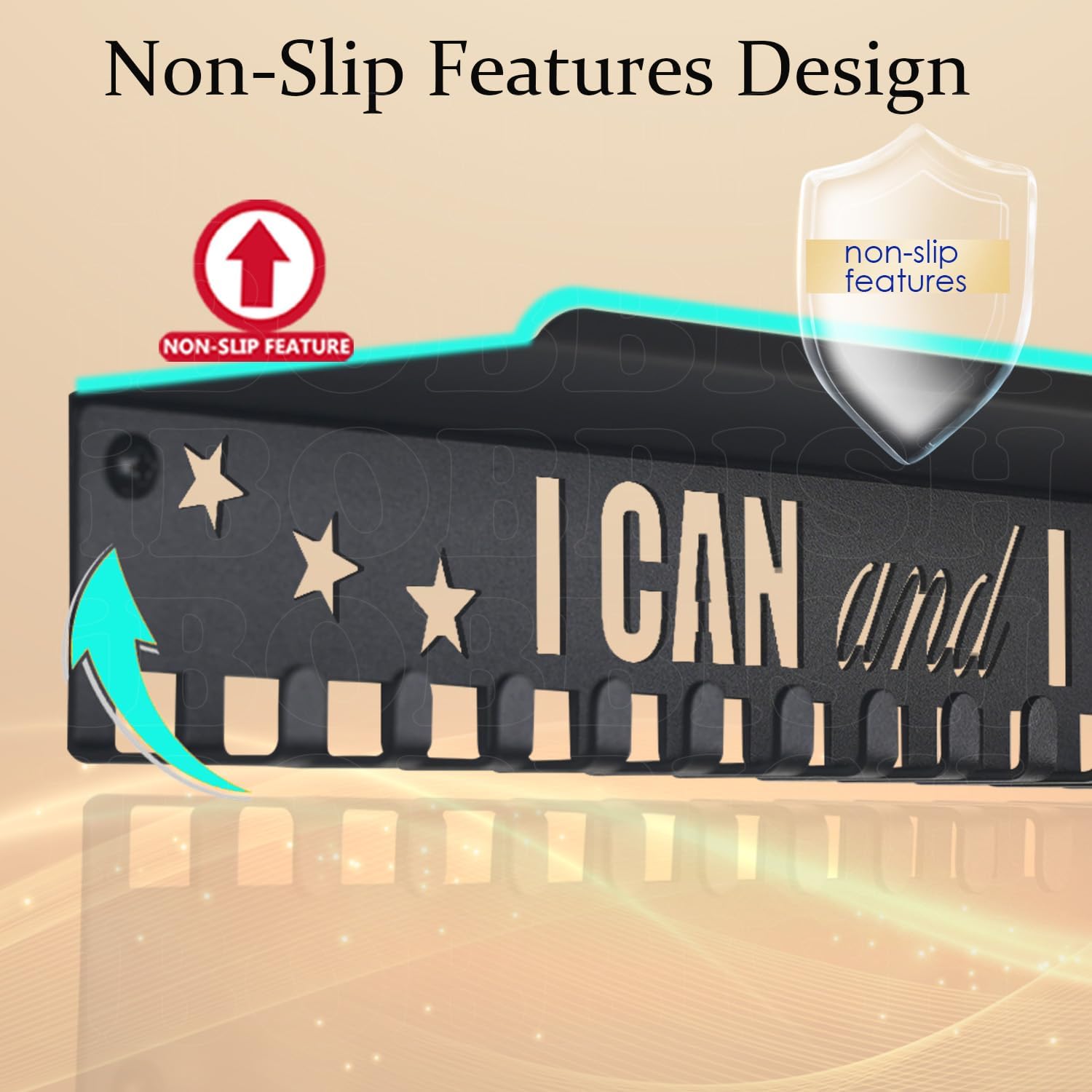 iBobbish Metal Medal Hanger Display,Non-Slip Trophy Shelf with 20 Hooks,Wall Mount,Heavy Duty,Non-Bent,Holds
