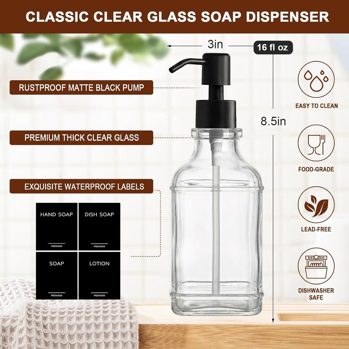 Kitchen Soap Dispenser Set with Wood Tray, Clear Glass Soap Dispenser with Pump, Decorative Hand and Dish Soap