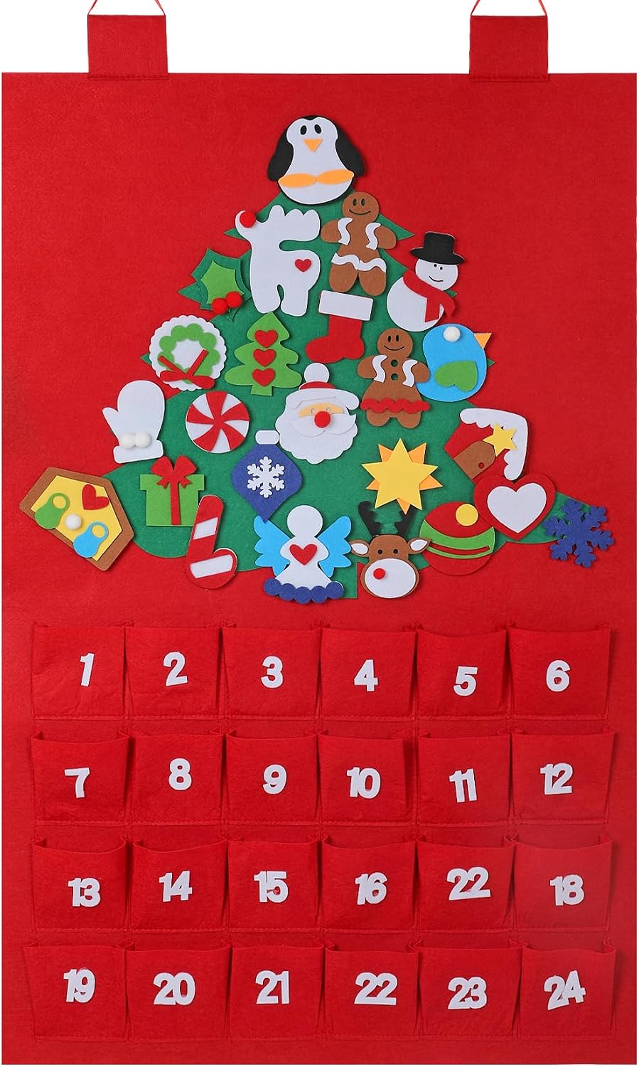 Christmas DIY Advent Calendar Felt Advent Calendar with Pockets Hanging Reusable Countdown Calendar for Kids Christmas Decorations Gifts (Red +Green Christmas tree)