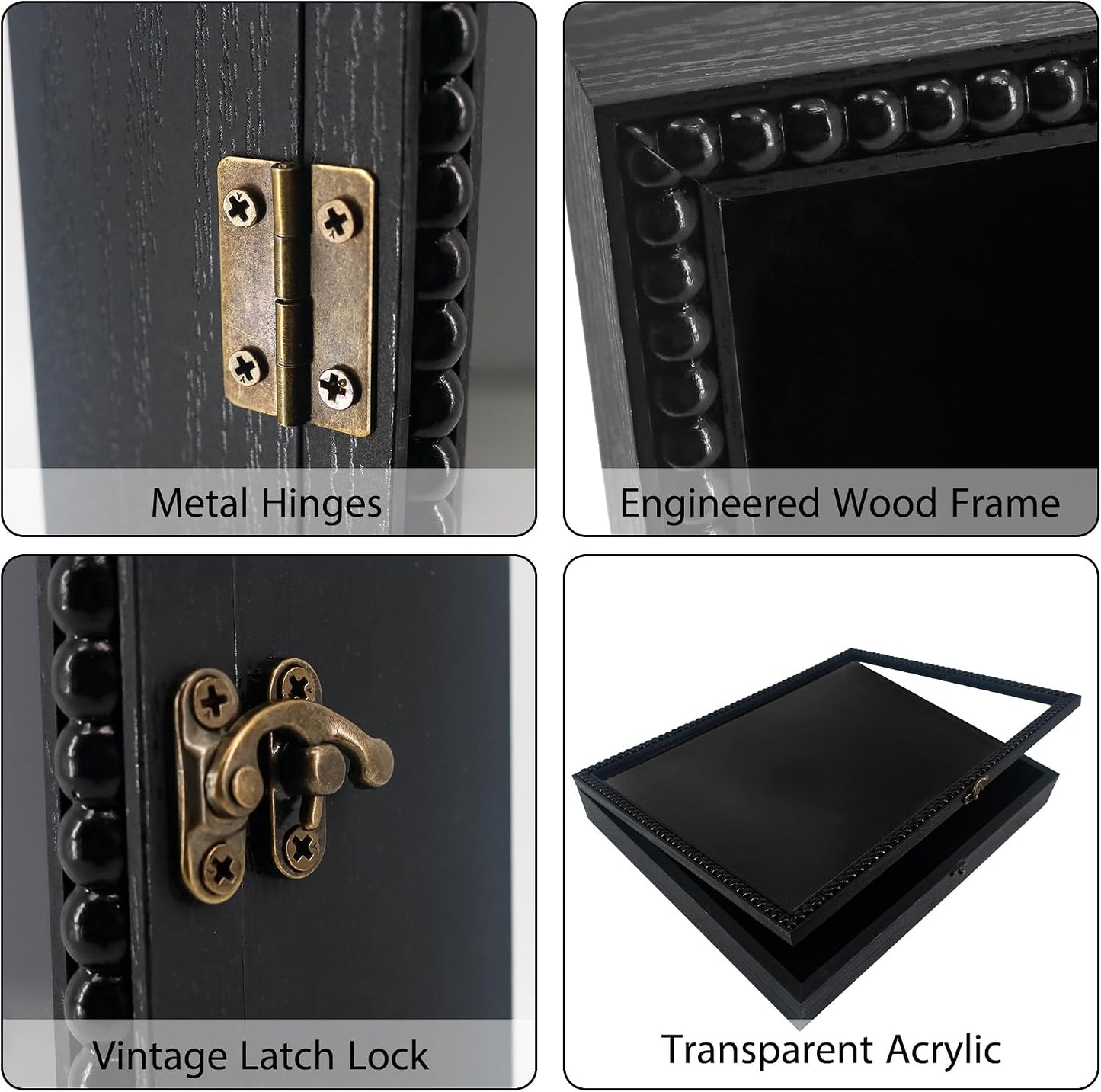 FramePro Large Shadow Box Black 13x16 Front Open with Hinge Beaded Designed Display Case with Linen Back, Graduation