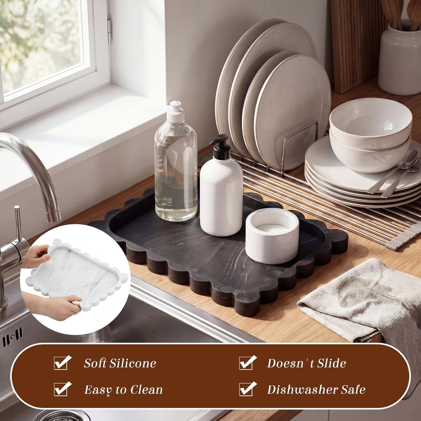Silicone Bathroom Tray Scalloped Silicone Decorative Tray for Soap Dispenser / Black / 11.5 x 8.7
