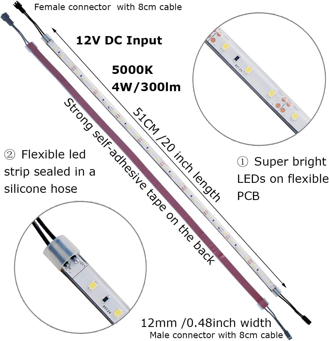 Under Cabinet Light, 6 PCS 20 Inches Flexible LED Strips with Power Adapter, 24W,1800 Lumen, Daylight 5000K. Suitable