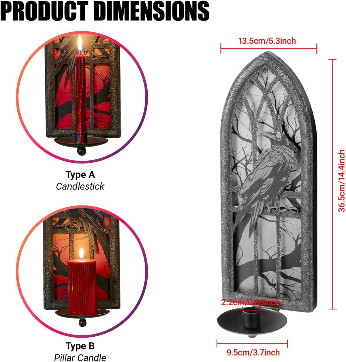 Gothic Wall Candle Sconces Set of 2, Wrought Iron Crow Wall Mounted Candelabra Holder with Removable Trays for Taper &