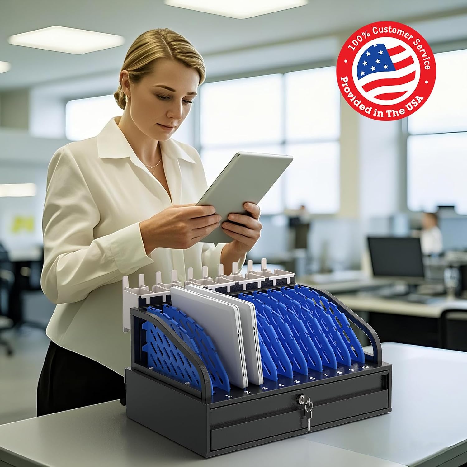 POCHAR 10-Device Open Charging Station for Chromebooks, iPads & Tablets | Heavy-Duty Steel Charging Rack with Lockable
