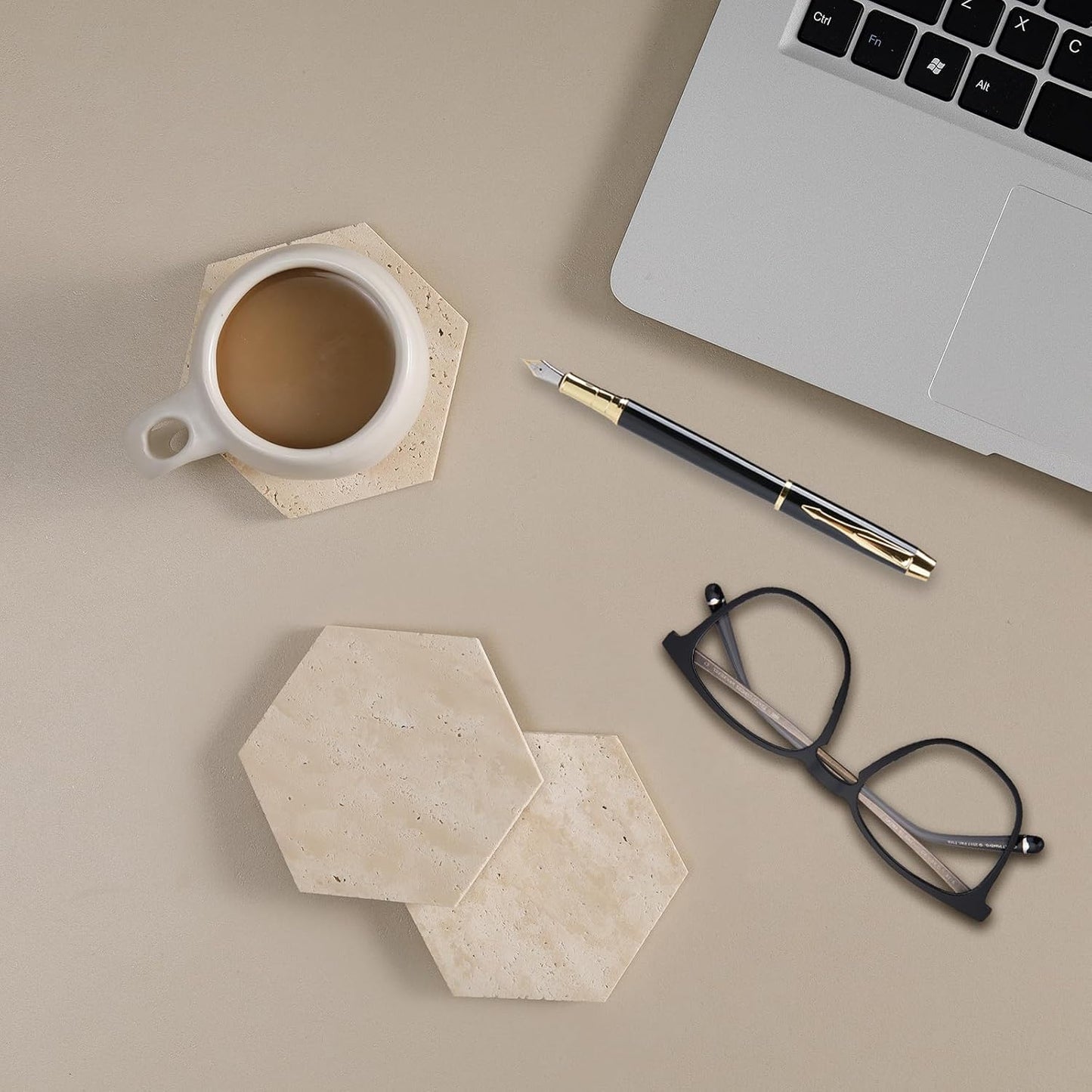 Holder / Hexagonal Rustic Farmhouse Marble Drink Coasters / 02 - Hexagon / Beige / Set of 6