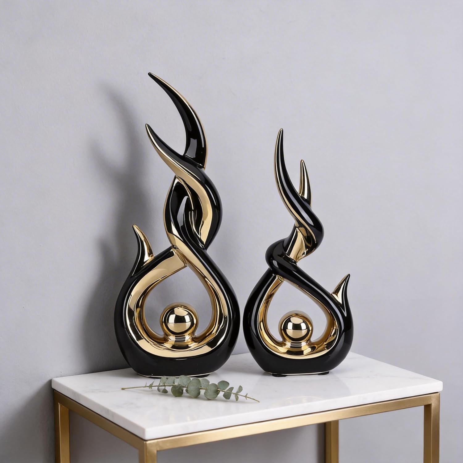 Gold Ceramic Abstract Sculpture / Bg / Black / Set of 2