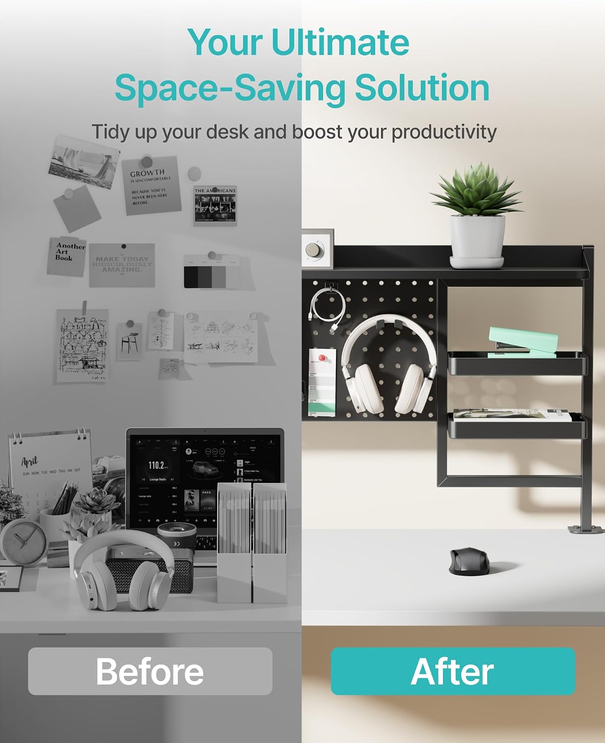 Clamp on Desk Shelf, 44" Desktop Shelving System, Black | with Pegboard and Accessories, Desktop Organizer with 2-Tier
