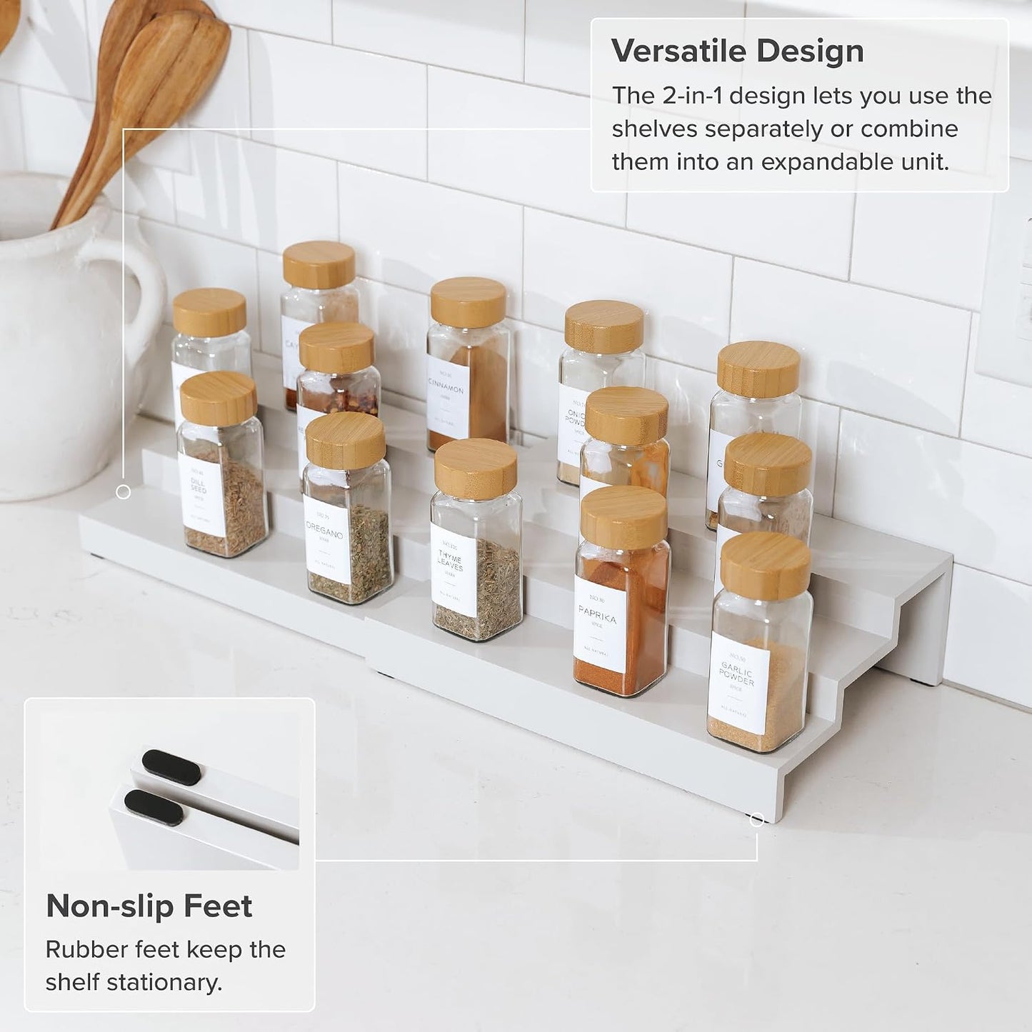 3-Tier Expandable Spice Rack Organizer, White | Fits 36 spice jars, pantry storage, non-slip feet