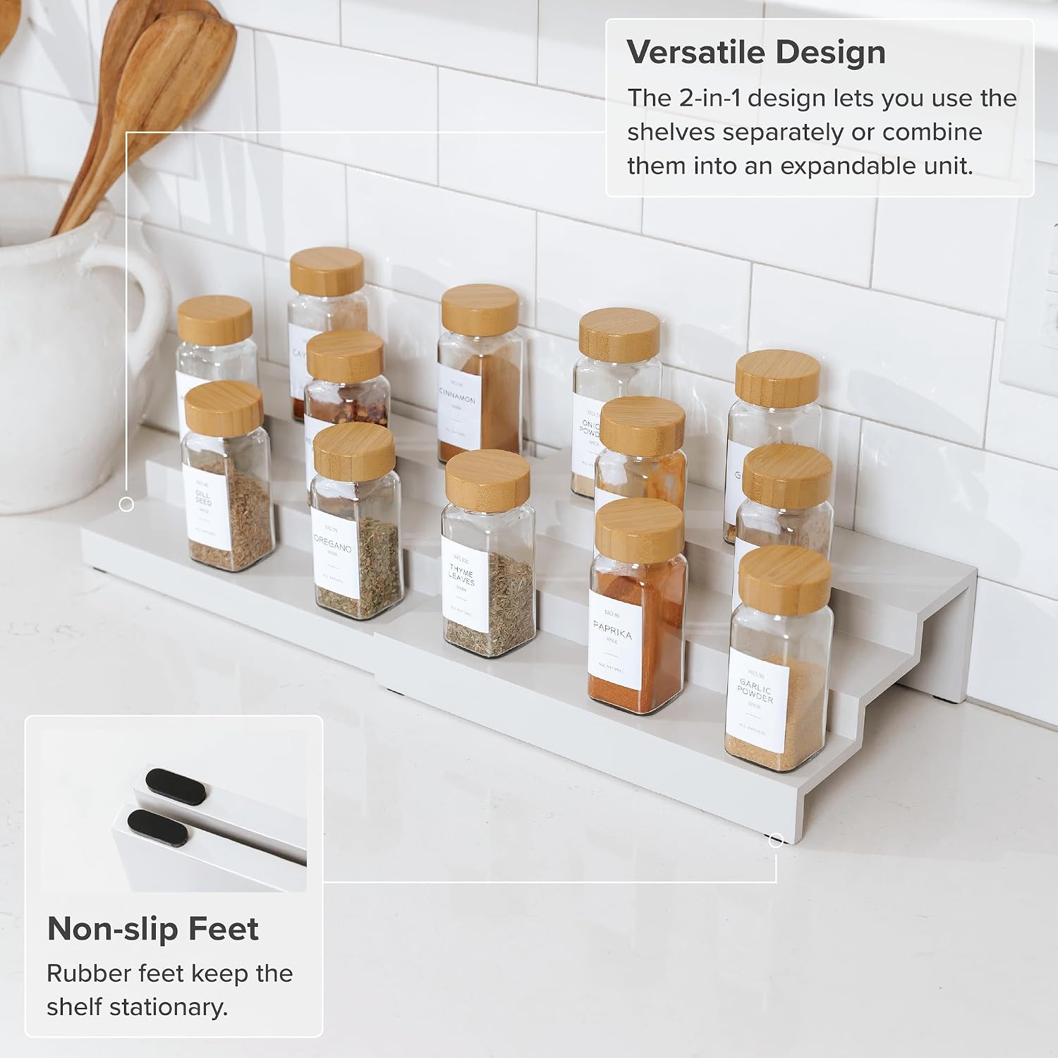 3-Tier Expandable Spice Rack Organizer, White | Fits 36 spice jars, pantry storage, non-slip feet