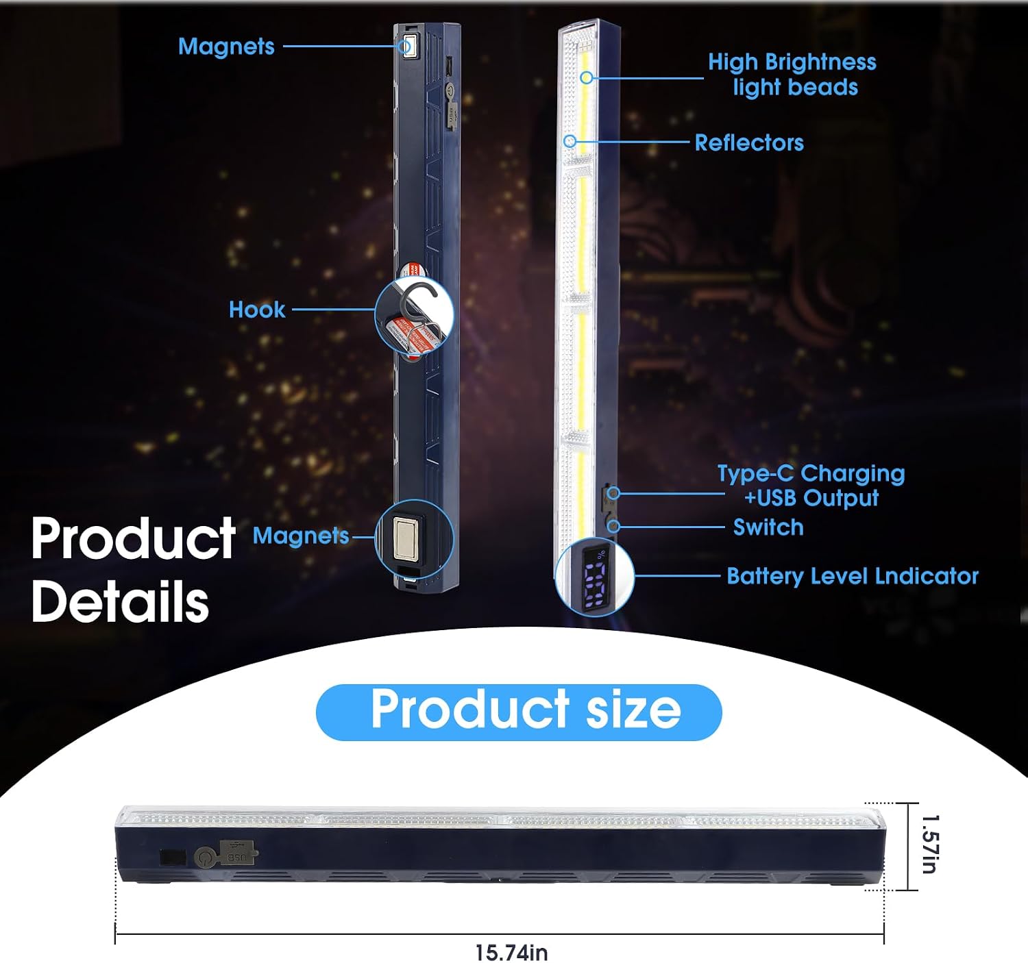 Magnetic Light BAR,15.75-inches Mechanic Light 7500mAh 8000 Lumens | Rechargeable Portable Lamp Built-in 216-LED