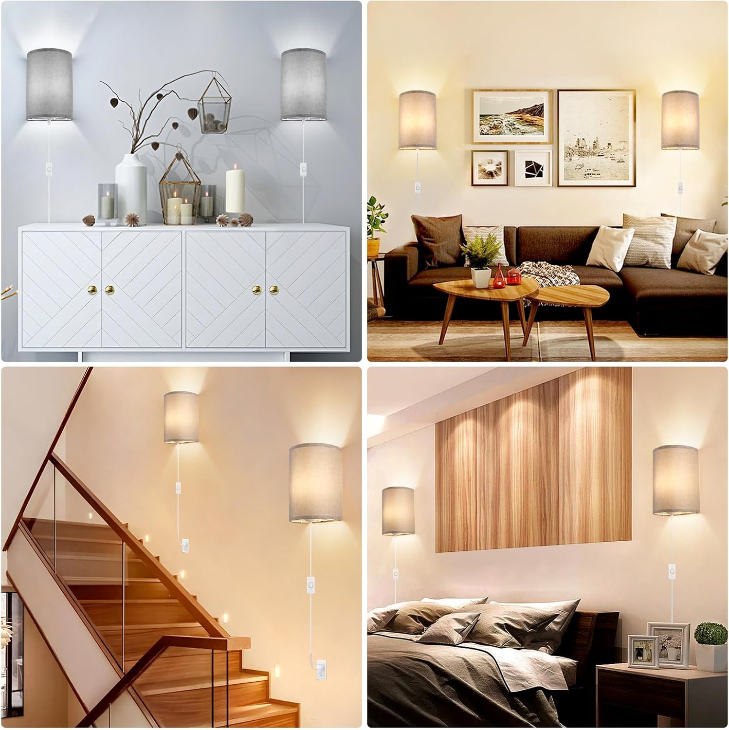 Wall Sconces Set of 2, Plug in Wall Sconces with On/Off Switch, 3-Color Selectable (3000K/4000K/6000K), Fabric Linen