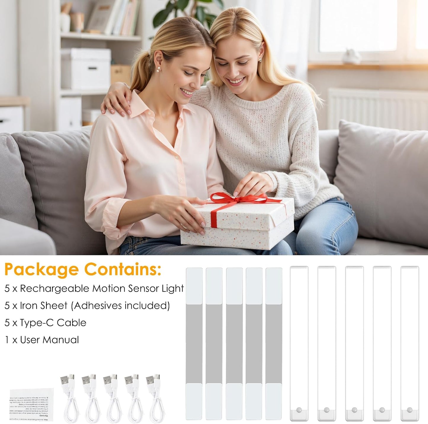 15.7 inch Motion Sensor Under Cabinet Light, 5-Pack, 3 Color | Dimmable, Rechargeable, Magnetic Closet Light, Wireless