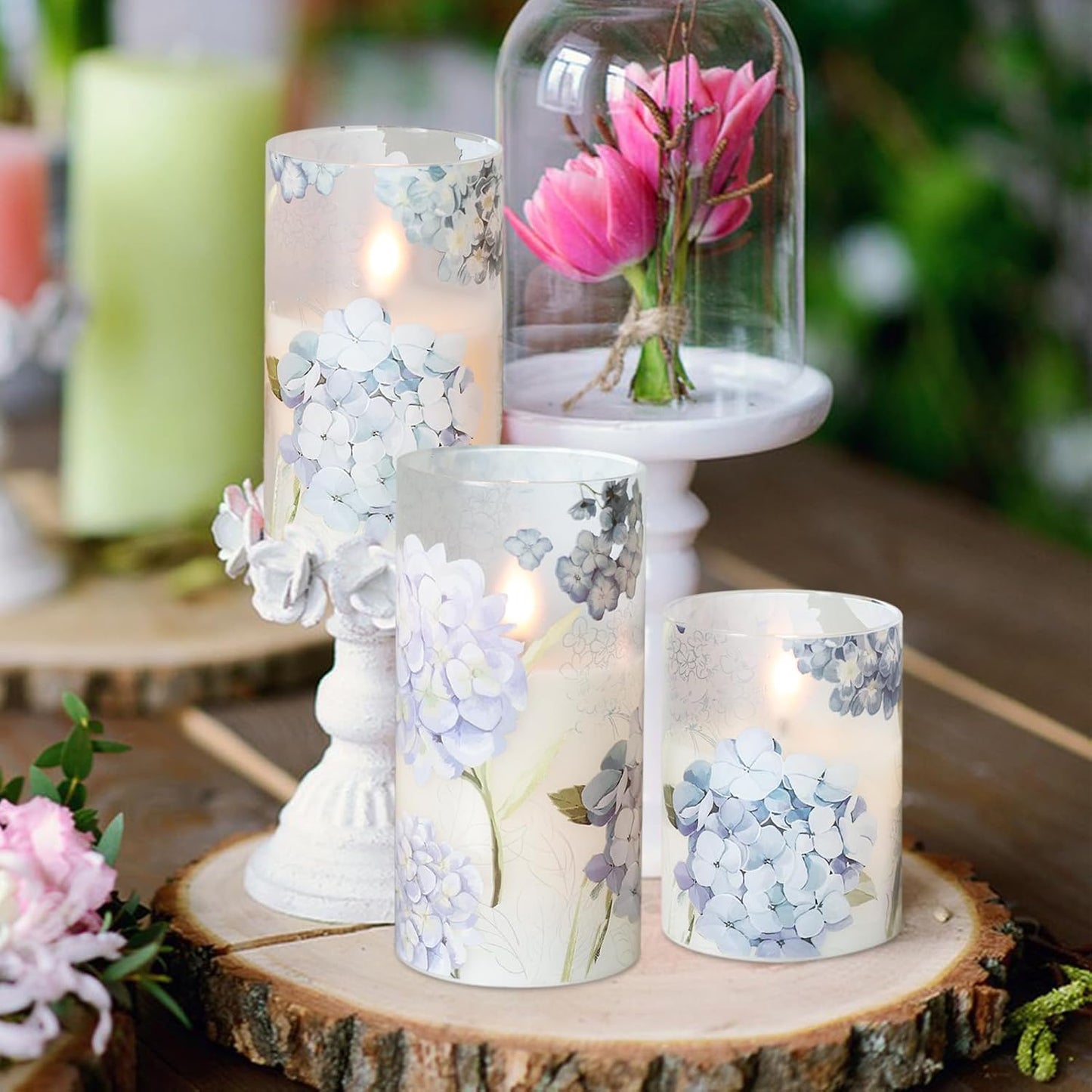 Rechargeable Hydrangea Glass Flameless Candles with Remote Timer | Battery Operated LED Pillar Candle, Real Wax 3D Wick
