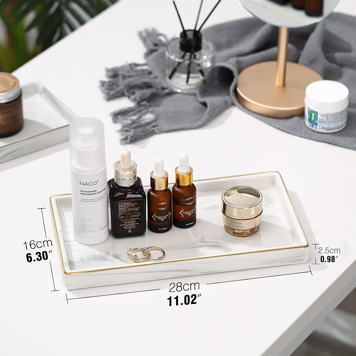 11" Marble Ceramic Bathroom Trays for Counter / Marble White + Gold / Medium
