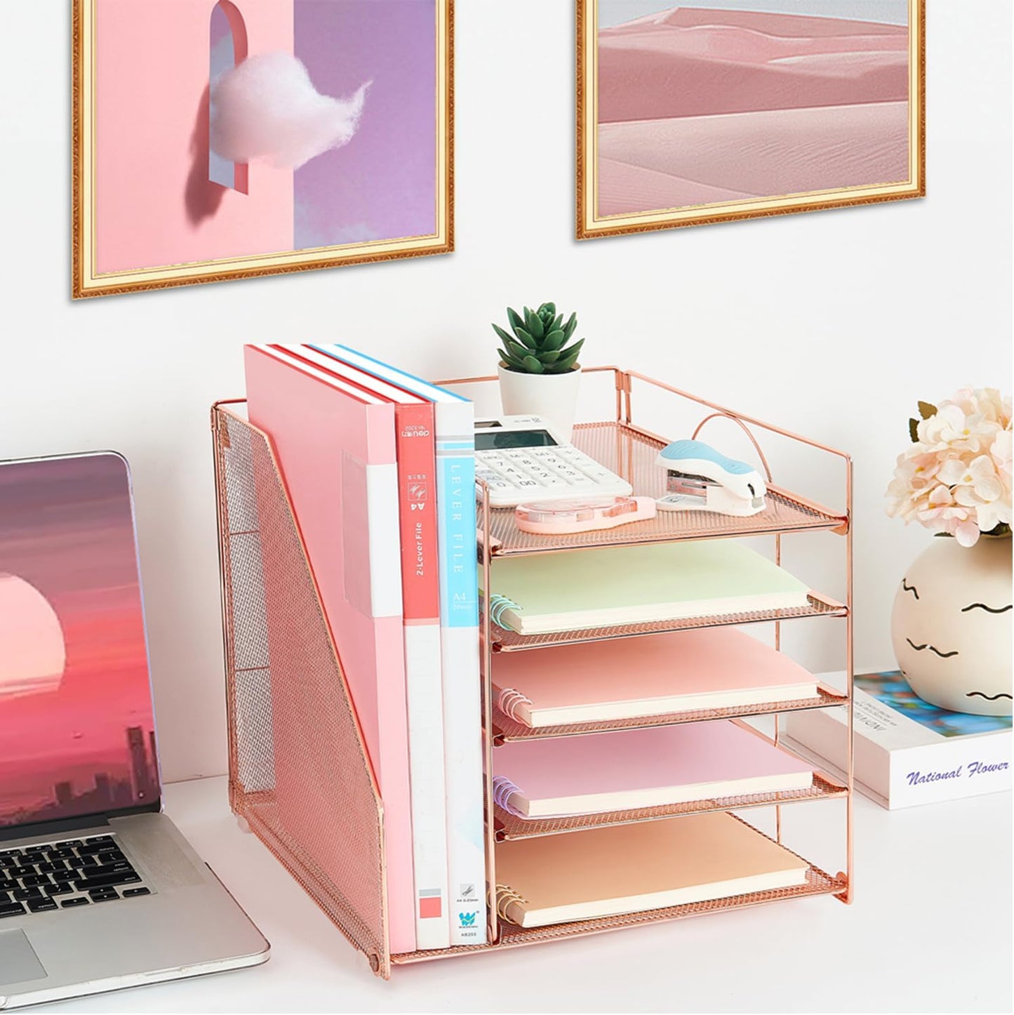 LEKETREE Desk Organizers and Accessories, 5-Tier Paper Letter Tray Organizer with File Holder, Desktop Organizer for
