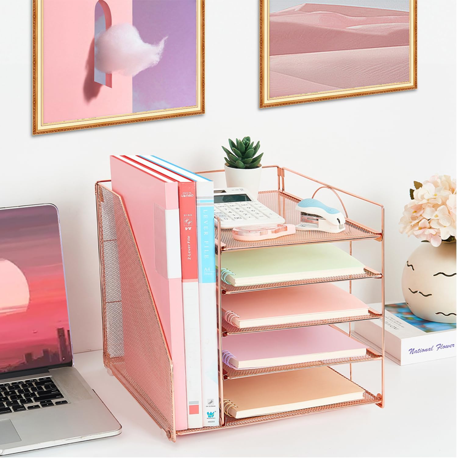 LEKETREE Desk Organizers and Accessories, 5-Tier Paper Letter Tray Organizer with File Holder, Desktop Organizer for