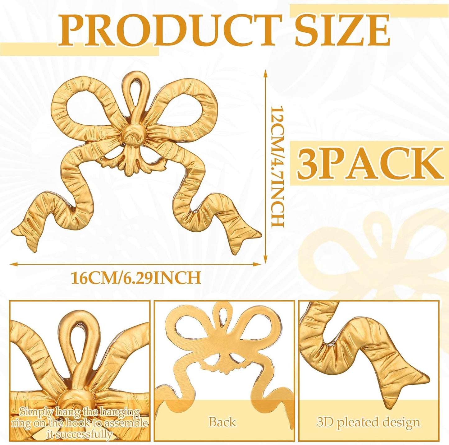 Bow Decoration Golden Wall Hanging Golden Bow Knot Wall Craft Carved Resin Bowknot / Set of 3