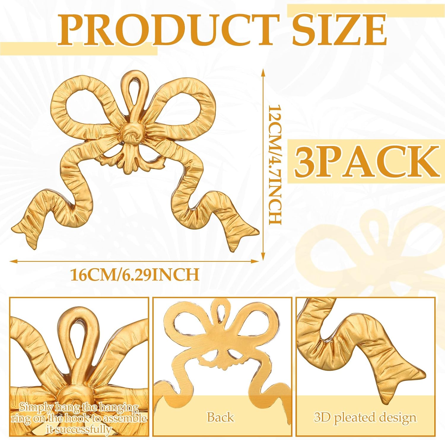 Bow Decoration Golden Wall Hanging Golden Bow Knot Wall Craft Carved Resin Bowknot / Set of 3