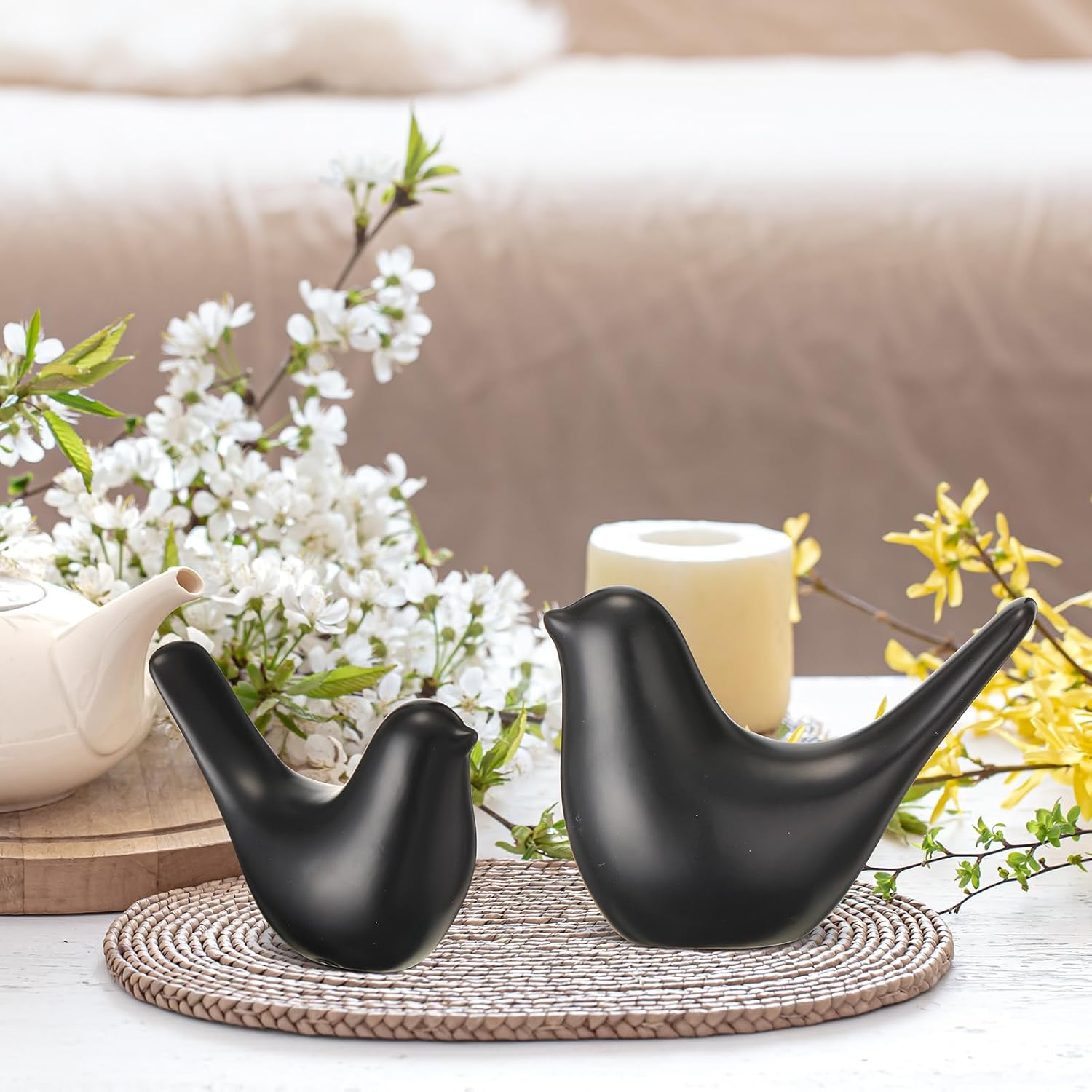 Bird Decor Figurine Ceramic Bird Statue Small Modern Figurines Home Decor / Black / Set of 3