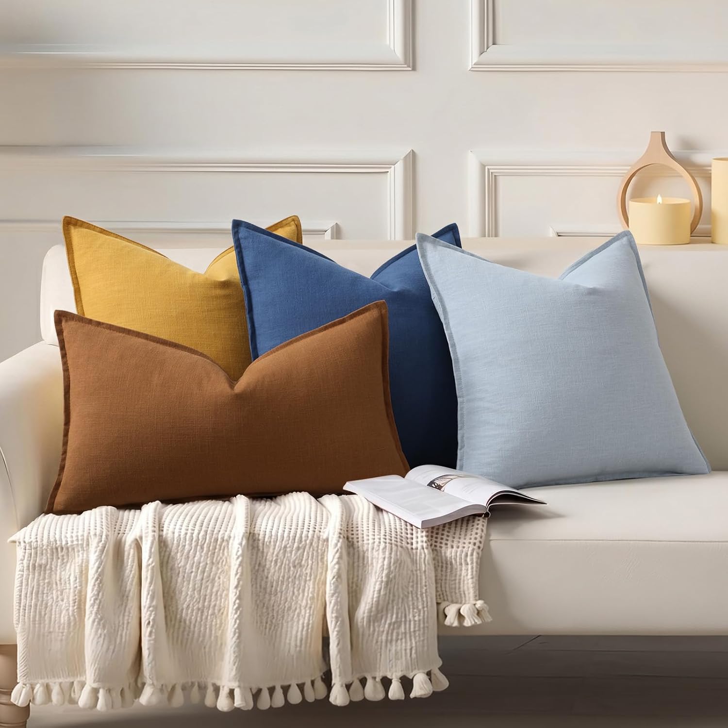 Fall Decorative Linen Throw Pillow Covers Neutral Pillow Covers / Blue / 18 x 18 / Set of 2