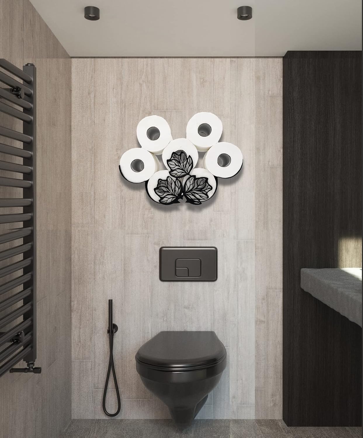 Leaves Metal Wall Toilet Tissue Holder, Black Toilet Paper Storage, Cute Wall Organizer for Bathrooms, Holds Extra 8