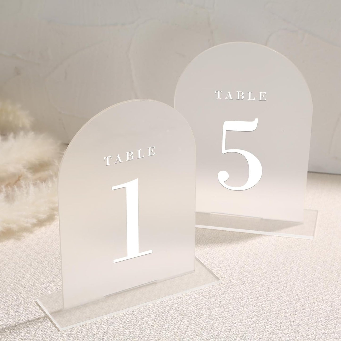 UNIQOOO Frosted Arch Wedding Table Numbers with Stands 1-20, 5x7" Acrylic Display Signs and Holders, Pack of 20