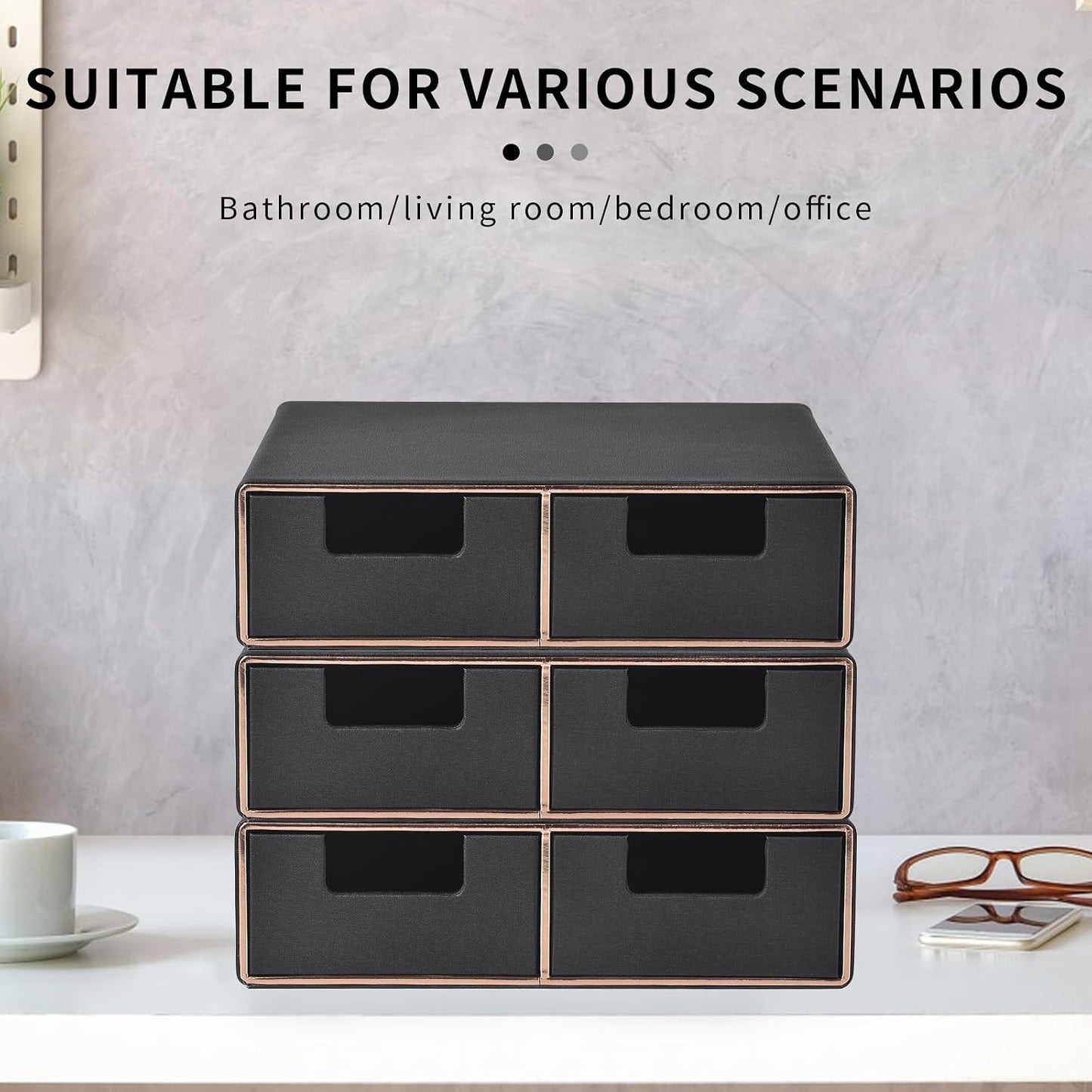 Linen Leather Desk Organizer and monitor stand with Drawers－Mini Desktop Drawer Organizer Stackable－Tabletop