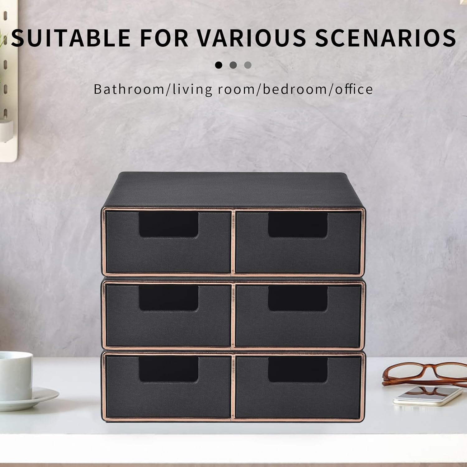 Linen Leather Desk Organizer and monitor stand with Drawers－Mini Desktop Drawer Organizer Stackable－Tabletop