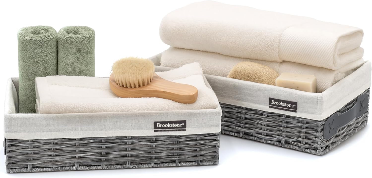Wicker Shelf Storage Basket Decorative Shelf Bin / Grey Two Pack with Handles