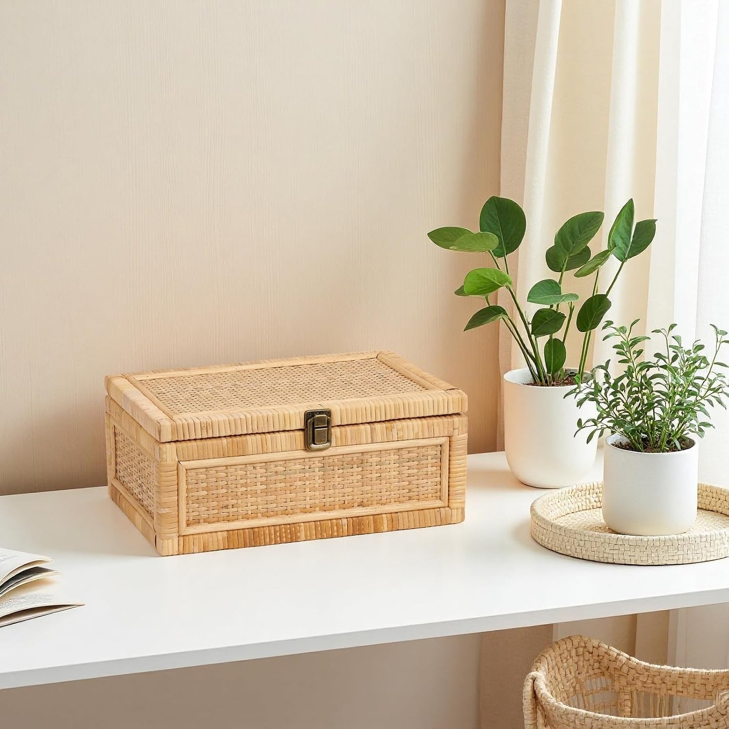 Lid Decorative Handmade Boho Rattan Baskets Woven Wicker Cane Bins Keepsake Memory Jewelry / Natural