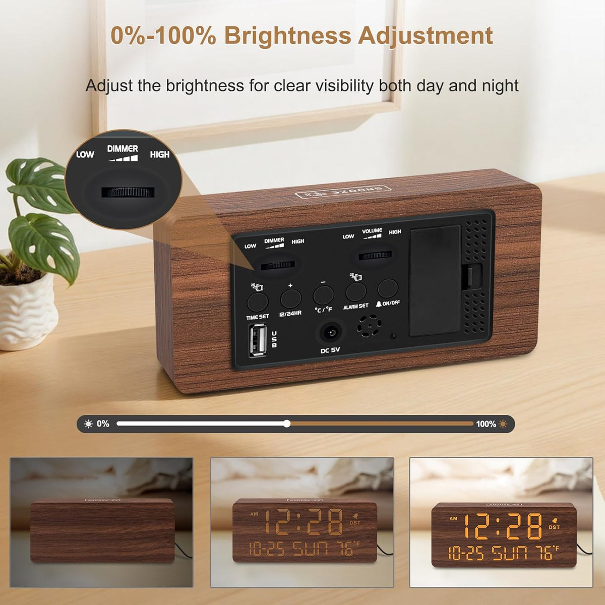 DreamSky Wooden Digital Alarm Clocks for Bedrooms with Date & Day of Week | Living Room Desk Clock, Temperature, USB