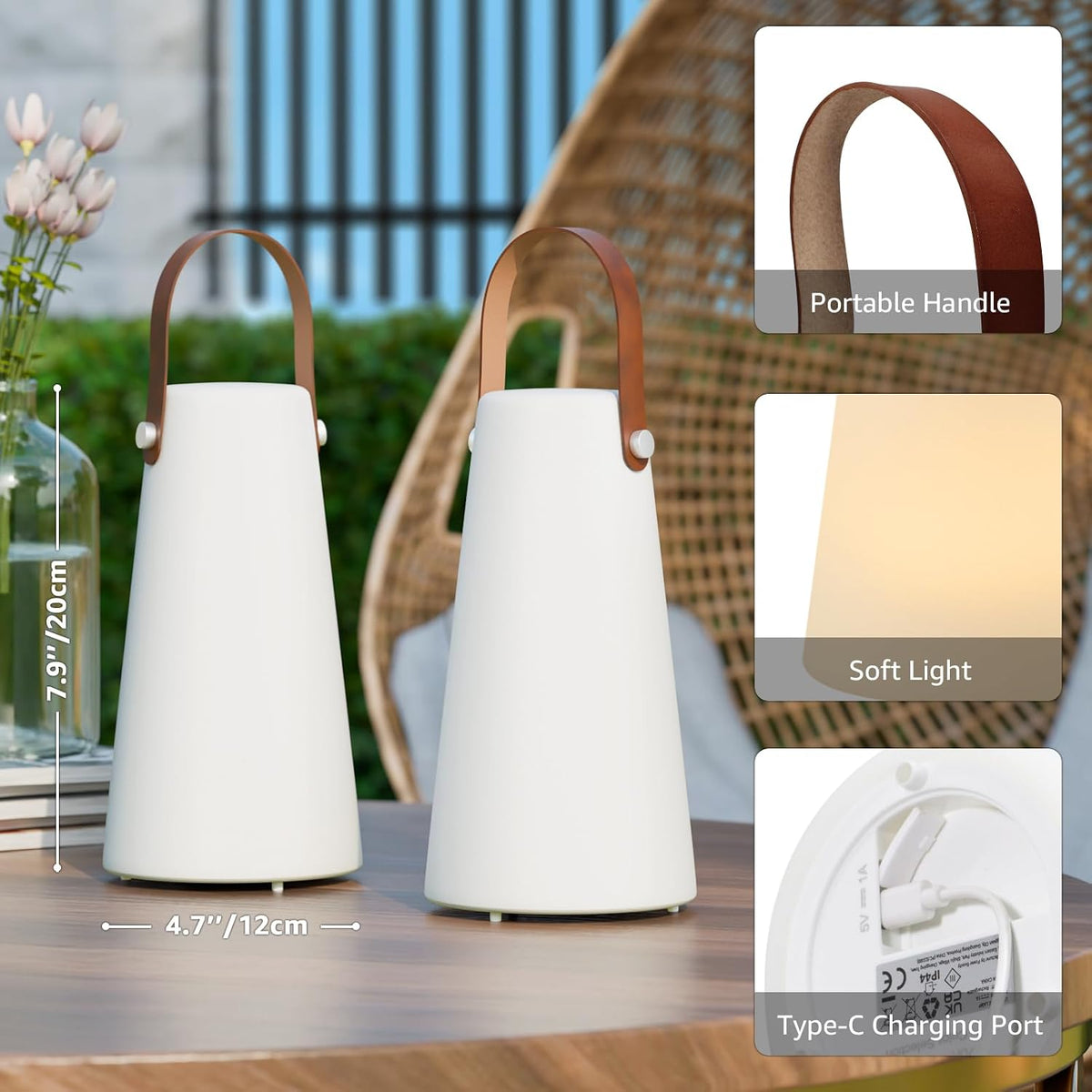 2 Pack Outdoor Lamps, Rechargeable Outdoor Lanterns Table Lamp with IP44 Waterproof, Battery Operated Portable Hanging