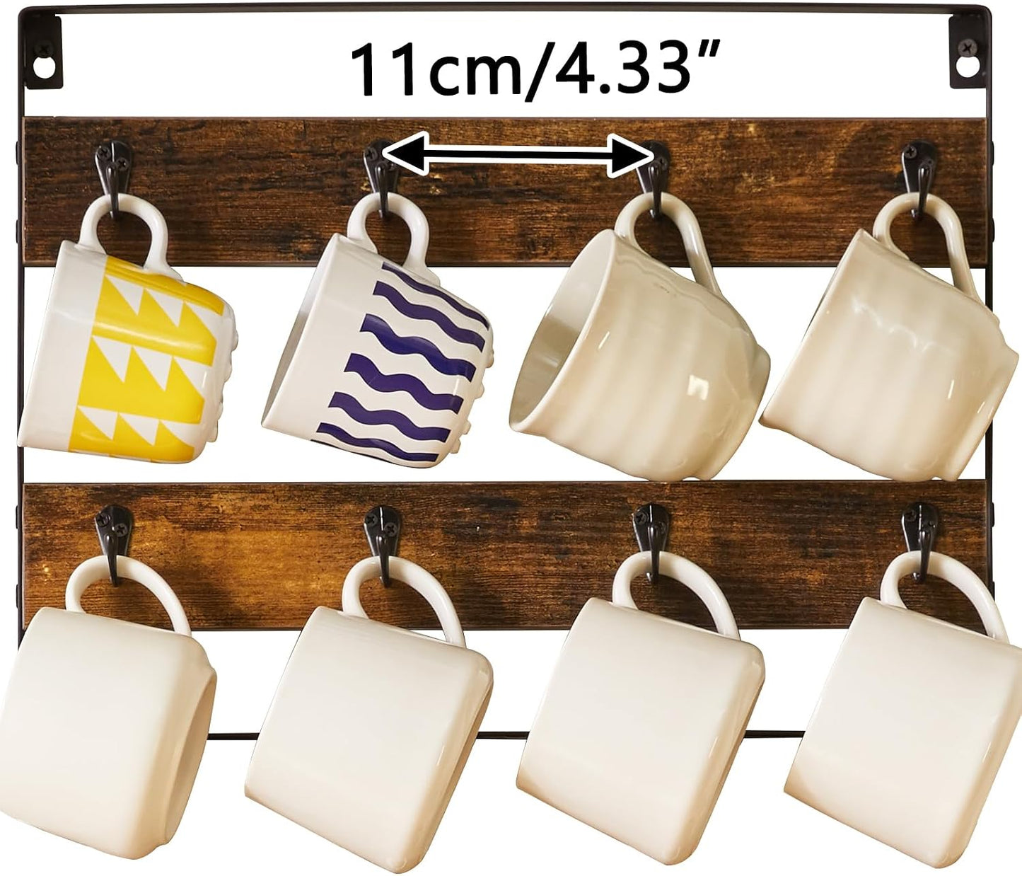 IBUYKE Coffee Mug Holder Wall Mounted,Set of 3,24 Hooks,Brown TBJ005H-3 | Mug Racks for Wall Rustic Wood Coffee Mug