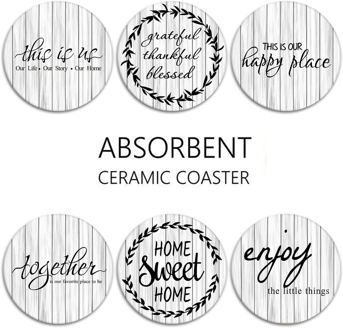 Old Wood Wooden Board Table Absorbent Round Ceramic Stone Mat / Retro 13 / White / Set of 6