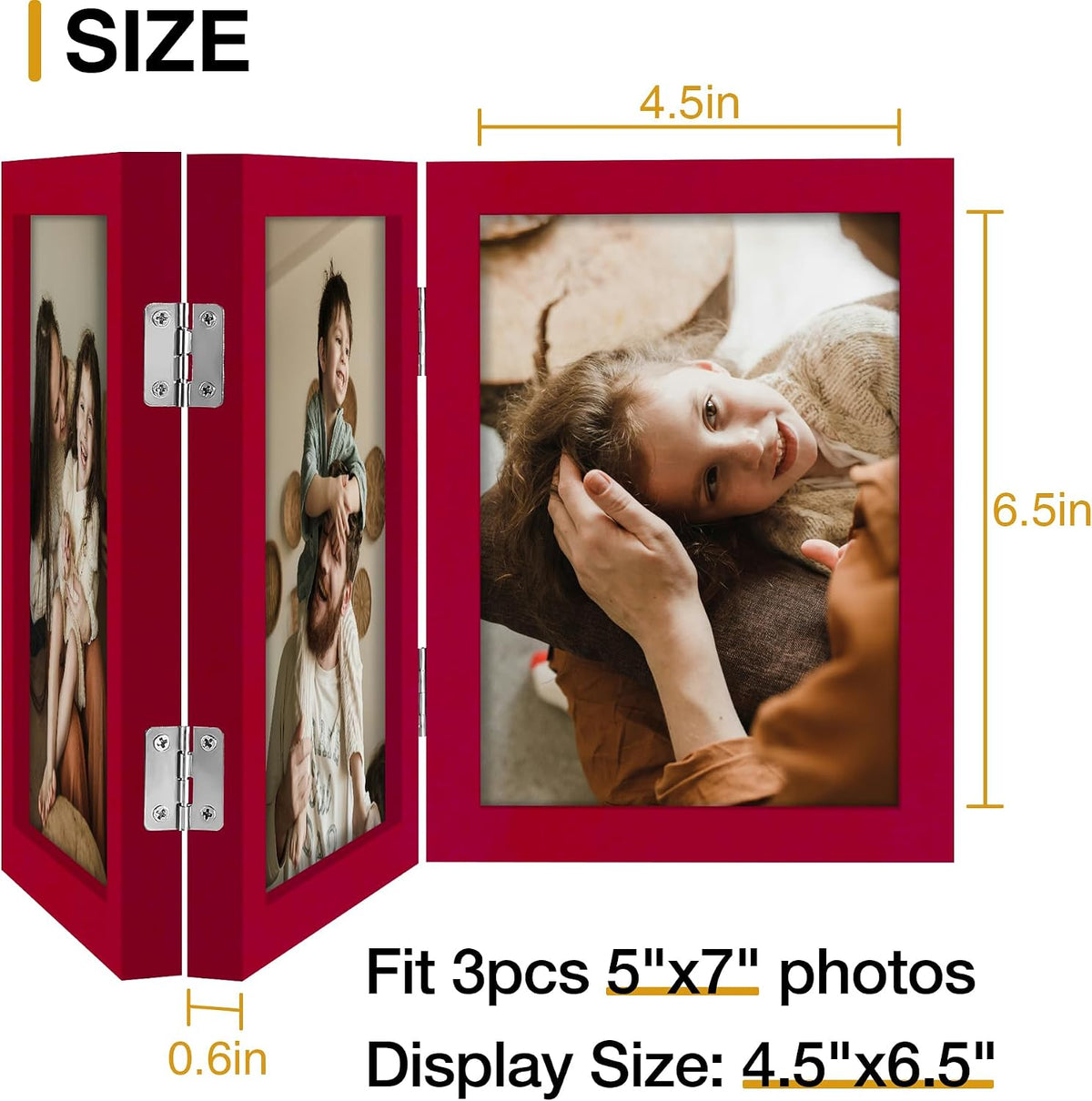 decorUhome Red Triple 5x7 Picture Frame Vertical, MDRD08 | "Z" Shape Folding Design Engineered Wood Trifold Photo Frame