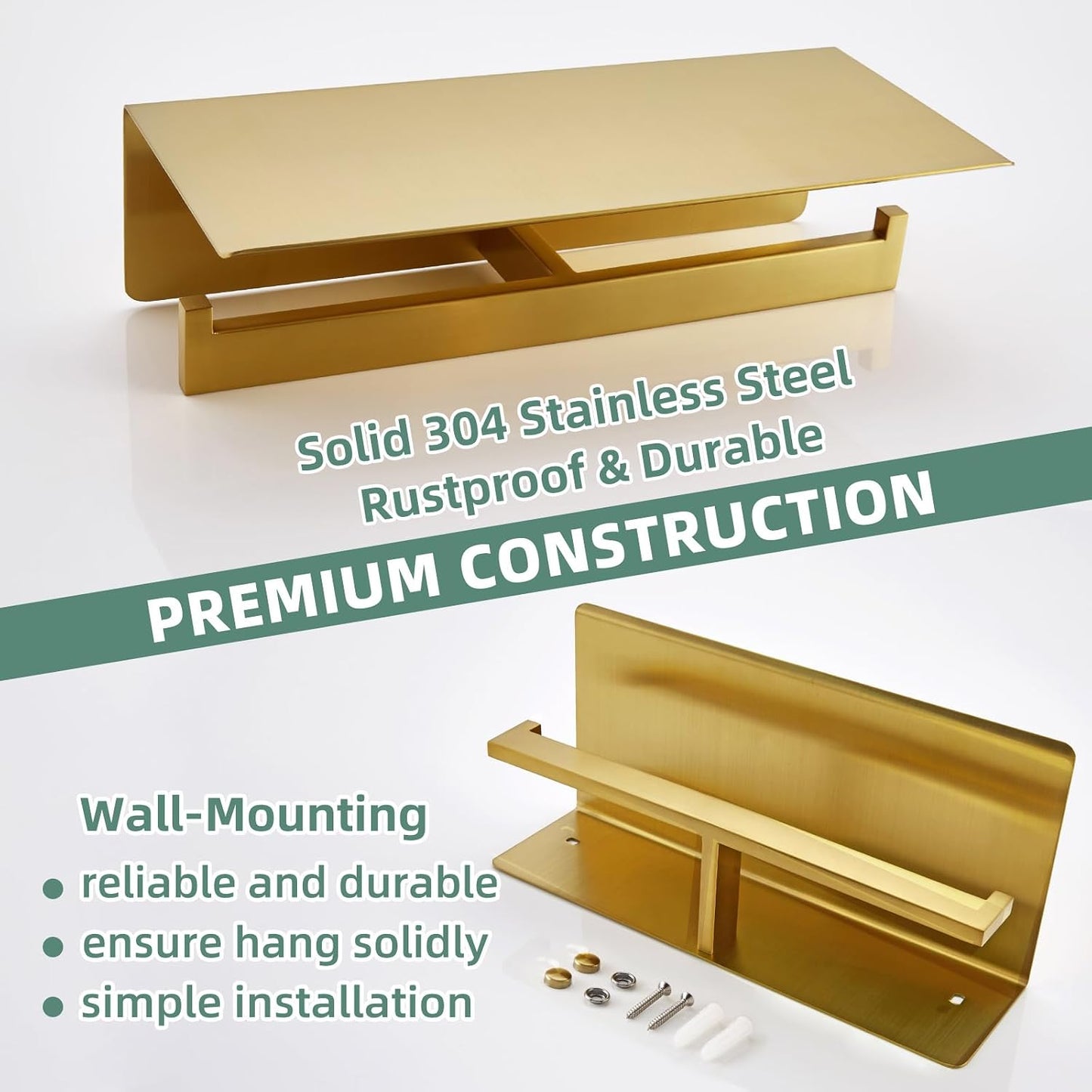 APLusee Brushed Gold Double Toilet Paper Holder with Shelf, Wall Mounted | 304 Stainless Steel, Rust-resistant Tissue