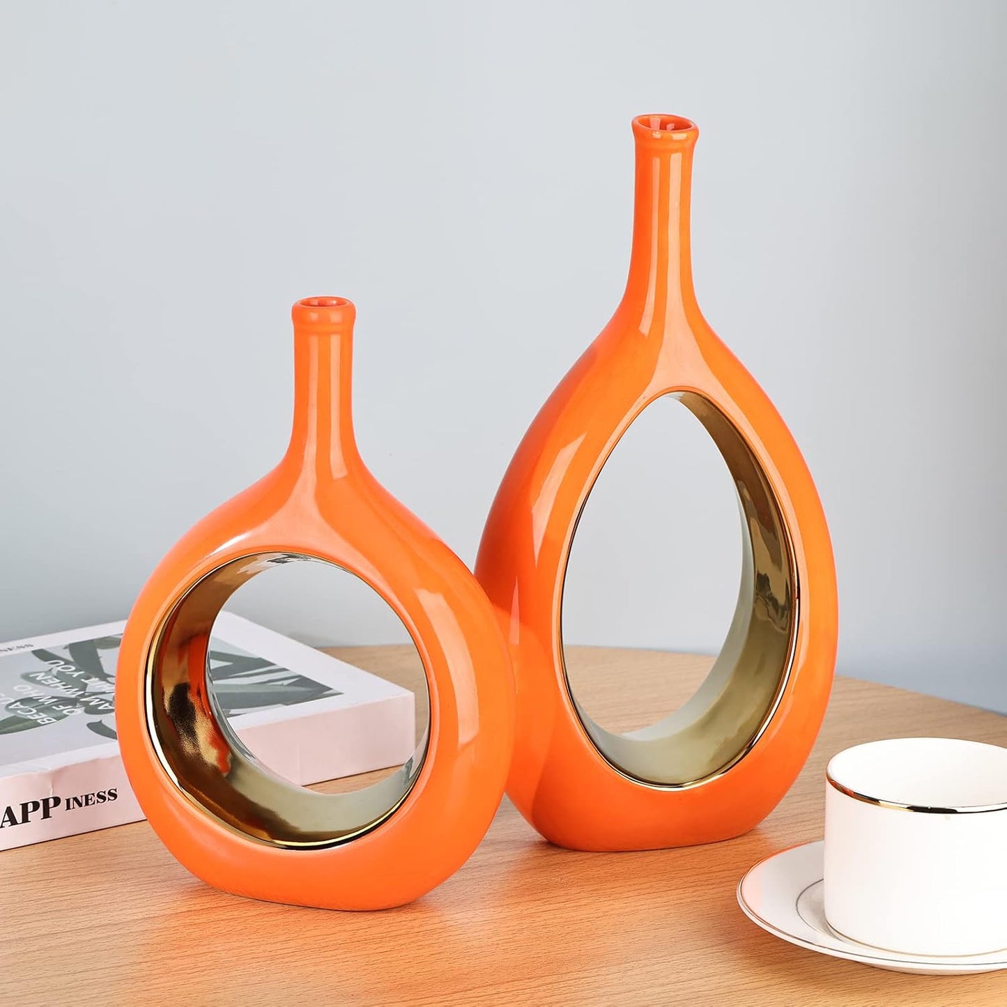 Modern Vases / Ceramic Orange and Gold Vase / Orange Gold / Set of 2