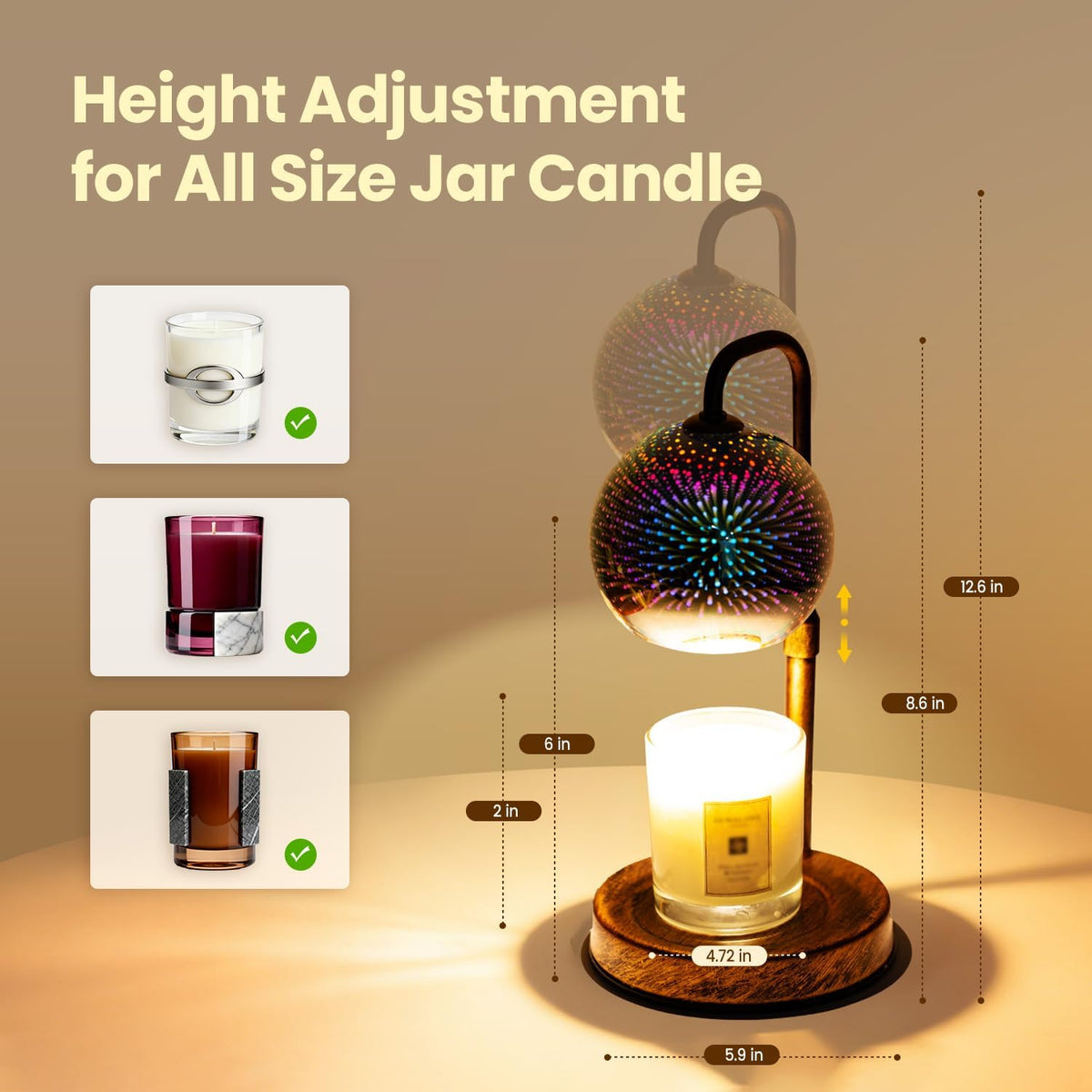 Glocusent Candle Warmer Lamp with Timer, Dimmable, Adjustable Retro 2 Bulbs | 3D Glass Globe with Firework Patterns