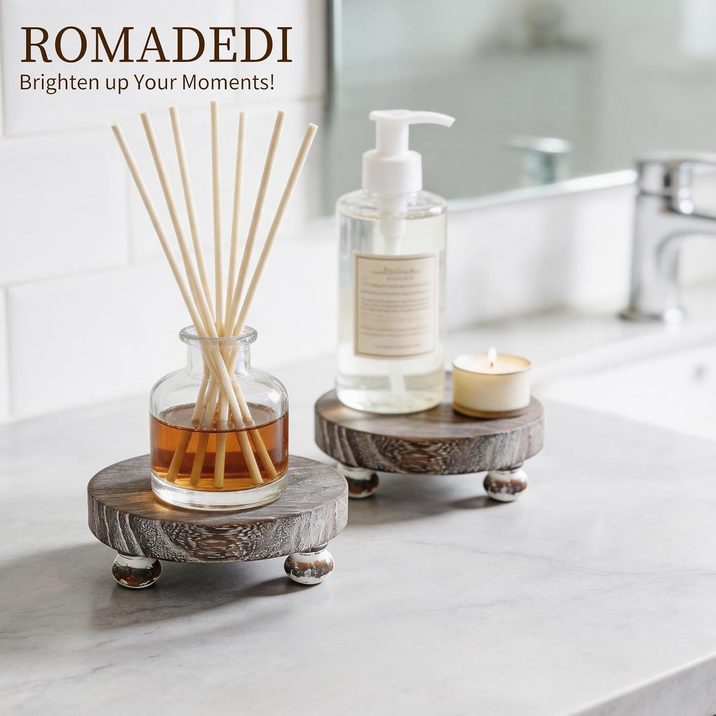 Rustic Decor Mini Wooden Pedestal Stand Decorative Round Tray / Whitewashed / Set of 2