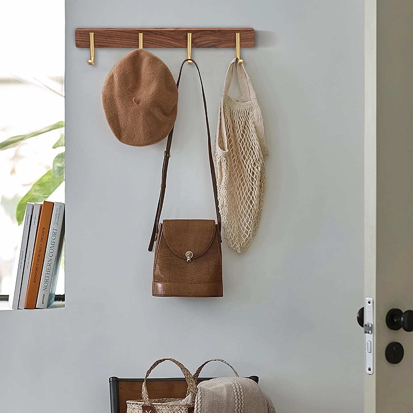 Wall Mounted Coat Rack, Metal Wood with 4 Hooks | Entryway Hanging, For Coat, Scarf, Bag, Towel, Key, Cap, Hat, Walnut