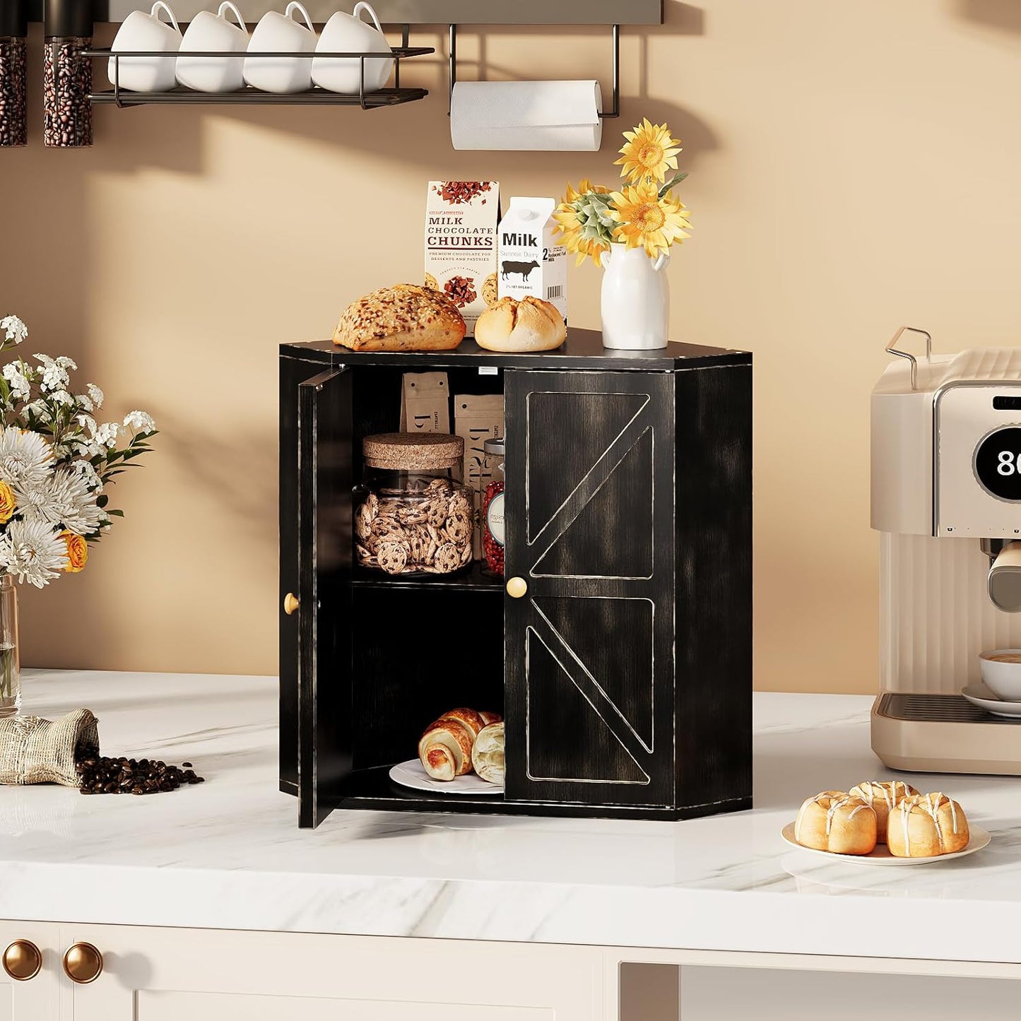 Trironsun Corner Bread Box for Kitchen Counter Double Layer Bamboo Bread Storage Container Large Capacity Bread Storage