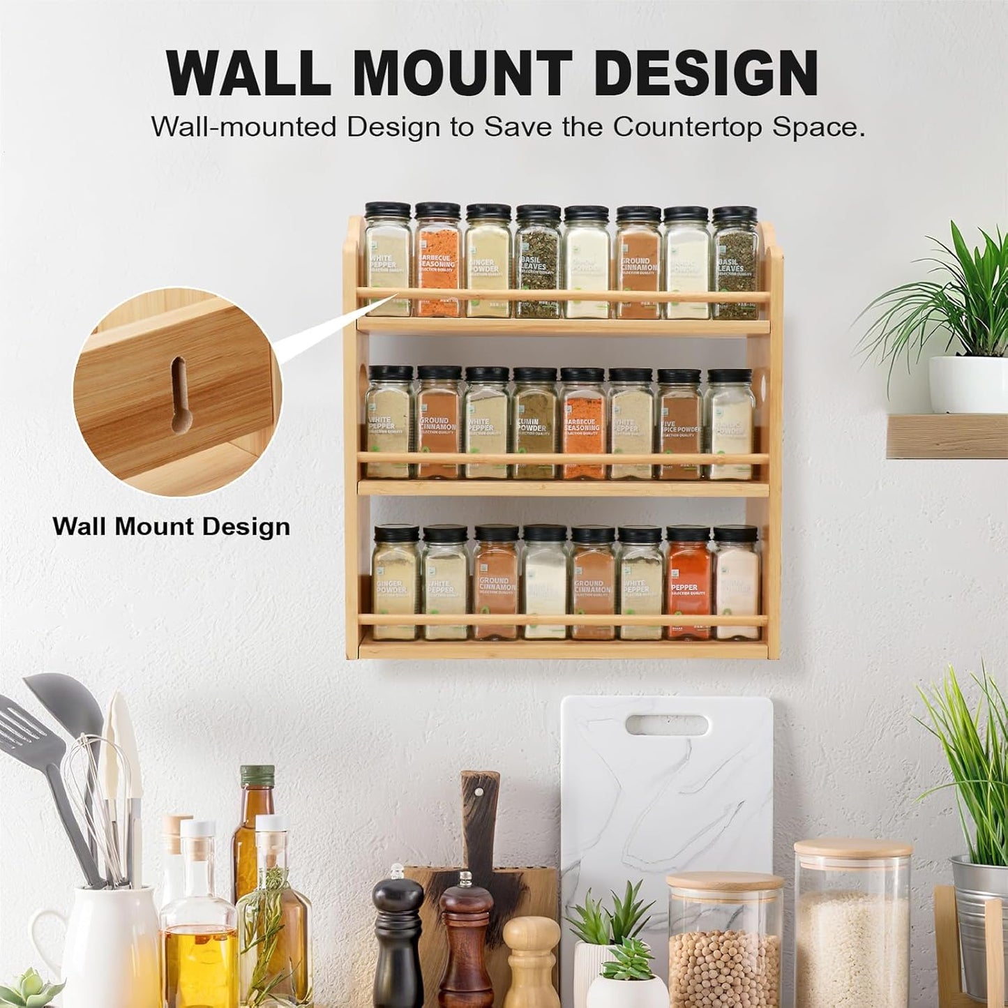3-Tier Bamboo Spice Rack, Wall Mount & Countertop Spice Organizer | Seasoning Jars Rack Shelf Spice Organizer for