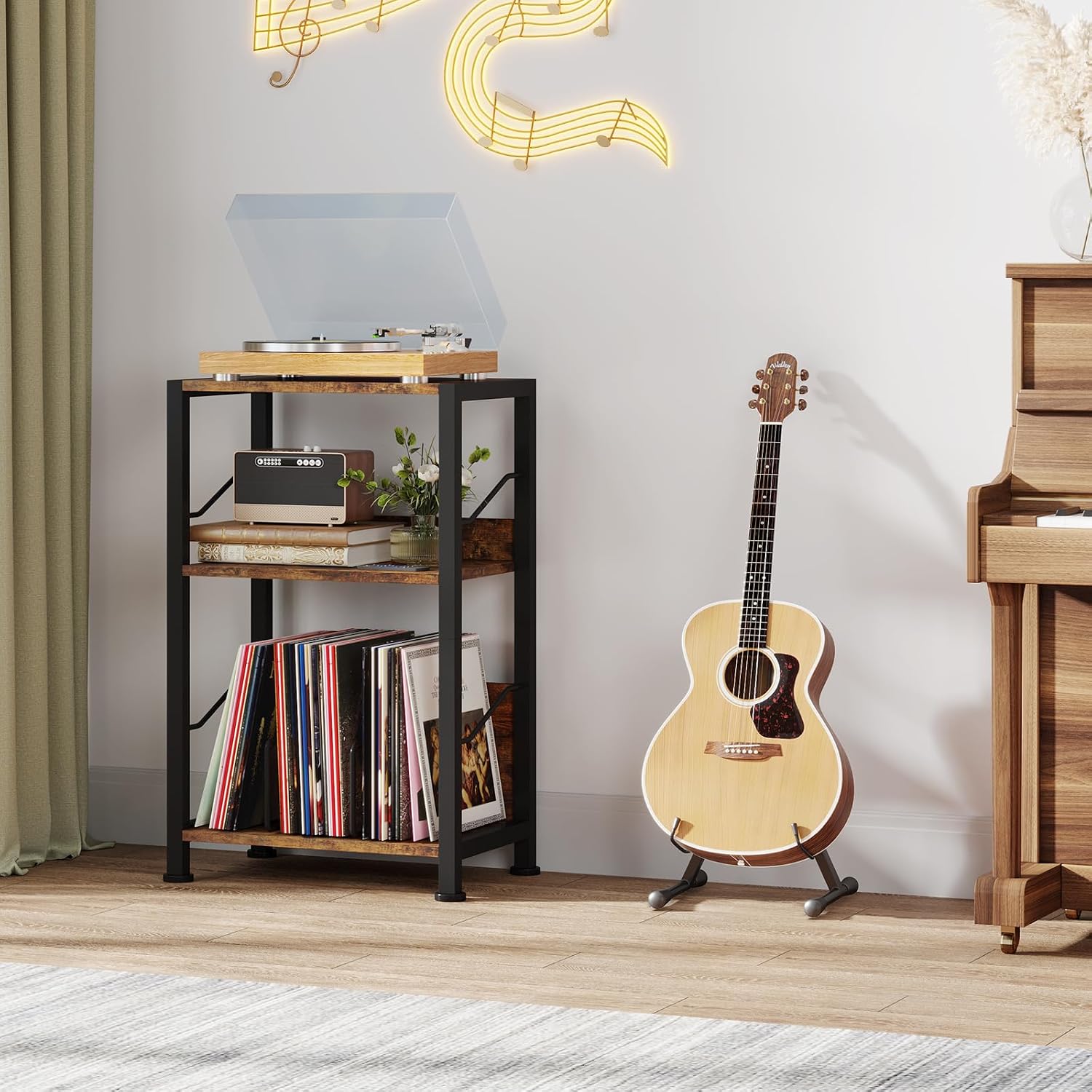 Hosfais 3 Tier Record Player Stand, Retro Vinyl Storage End Table Records for Living Room Bedroom (Brown)
