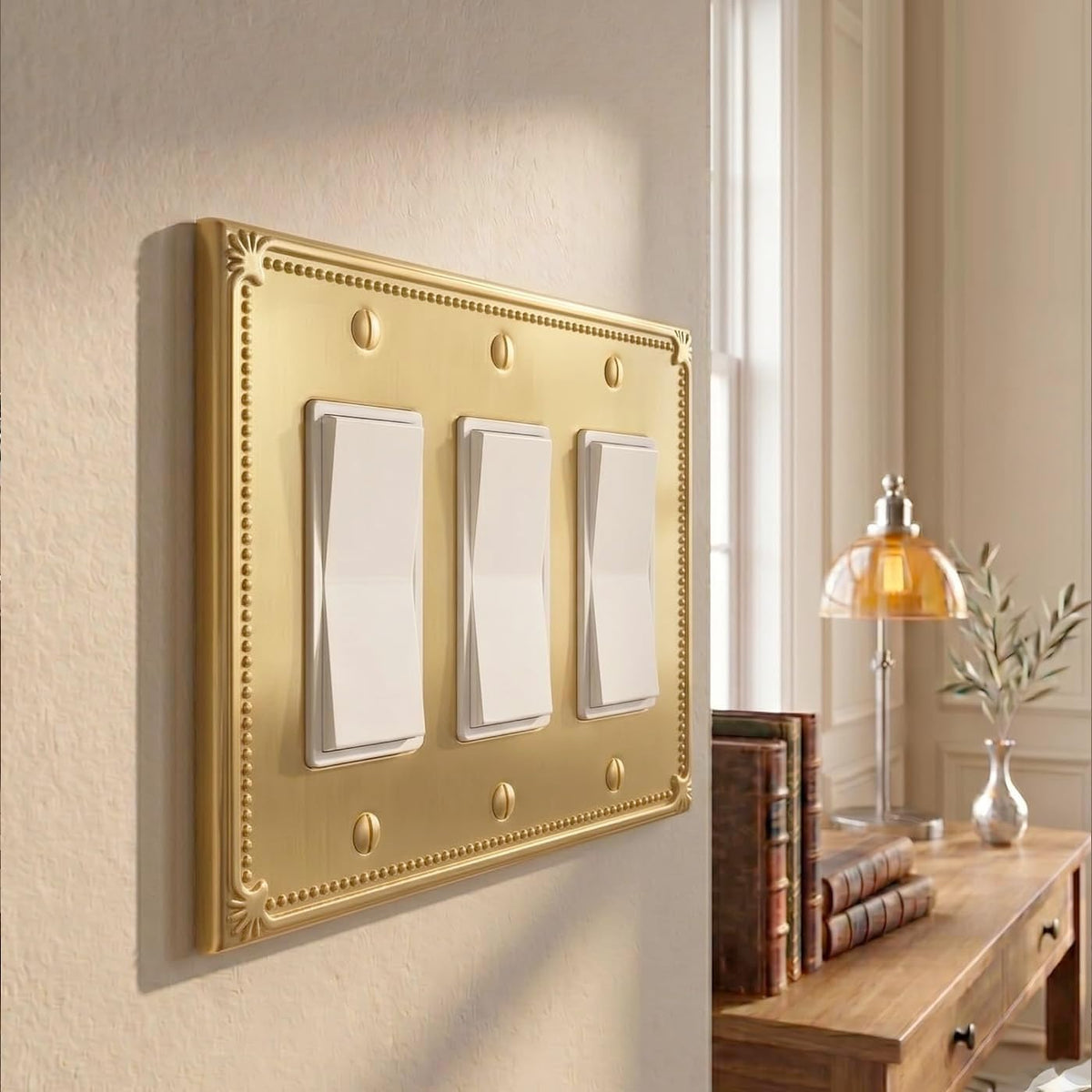 Rio Salto Brushed Gold Decorative 3 Rocker Light Switch Cover Plate 3 Gang Rocker Switch Plate Triple Rocker Wall Plate