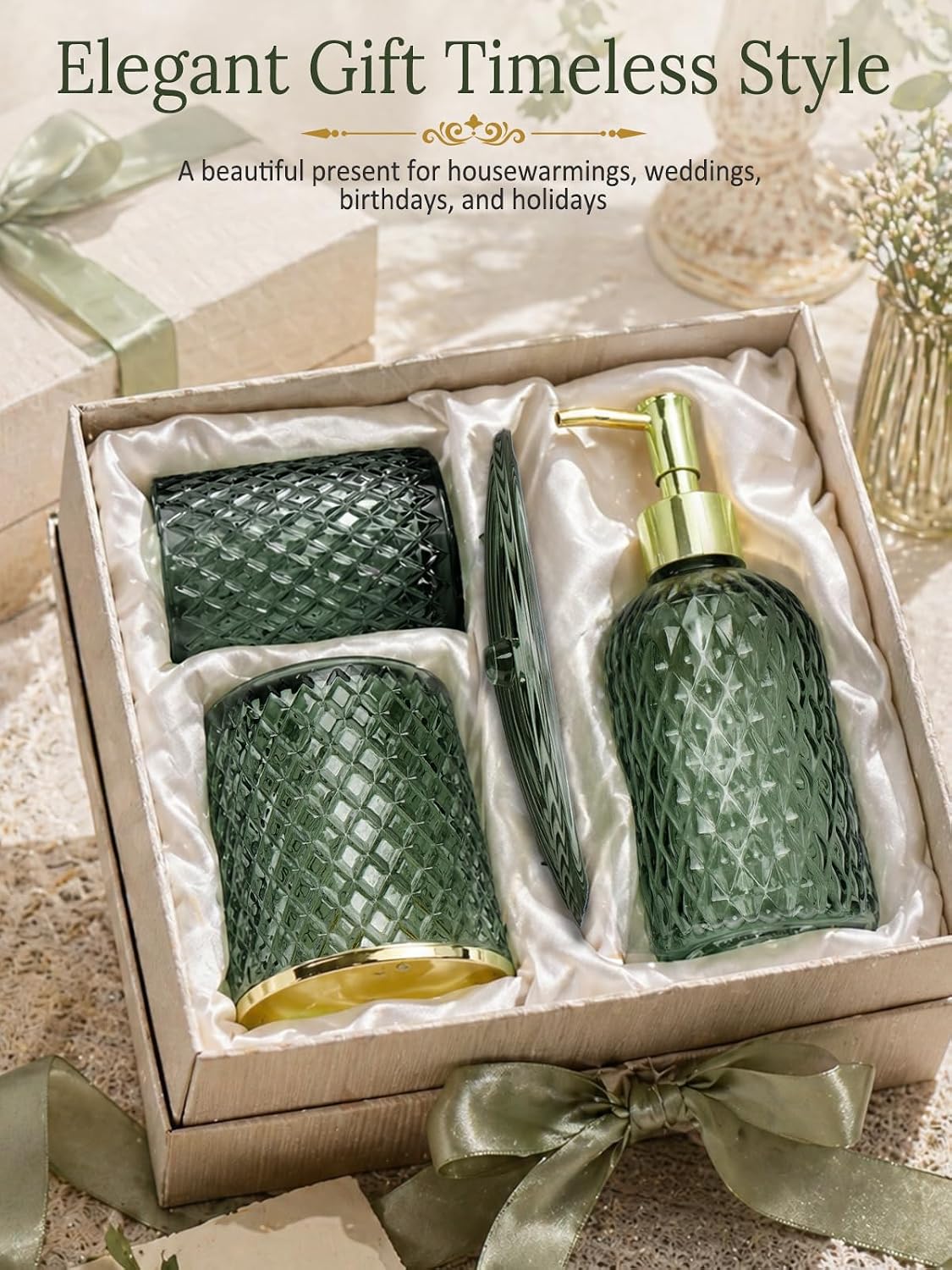 Glass Complete w/Bathroom Soap Dispenser Set / Bathroom Set / Sage Green / Set of 4