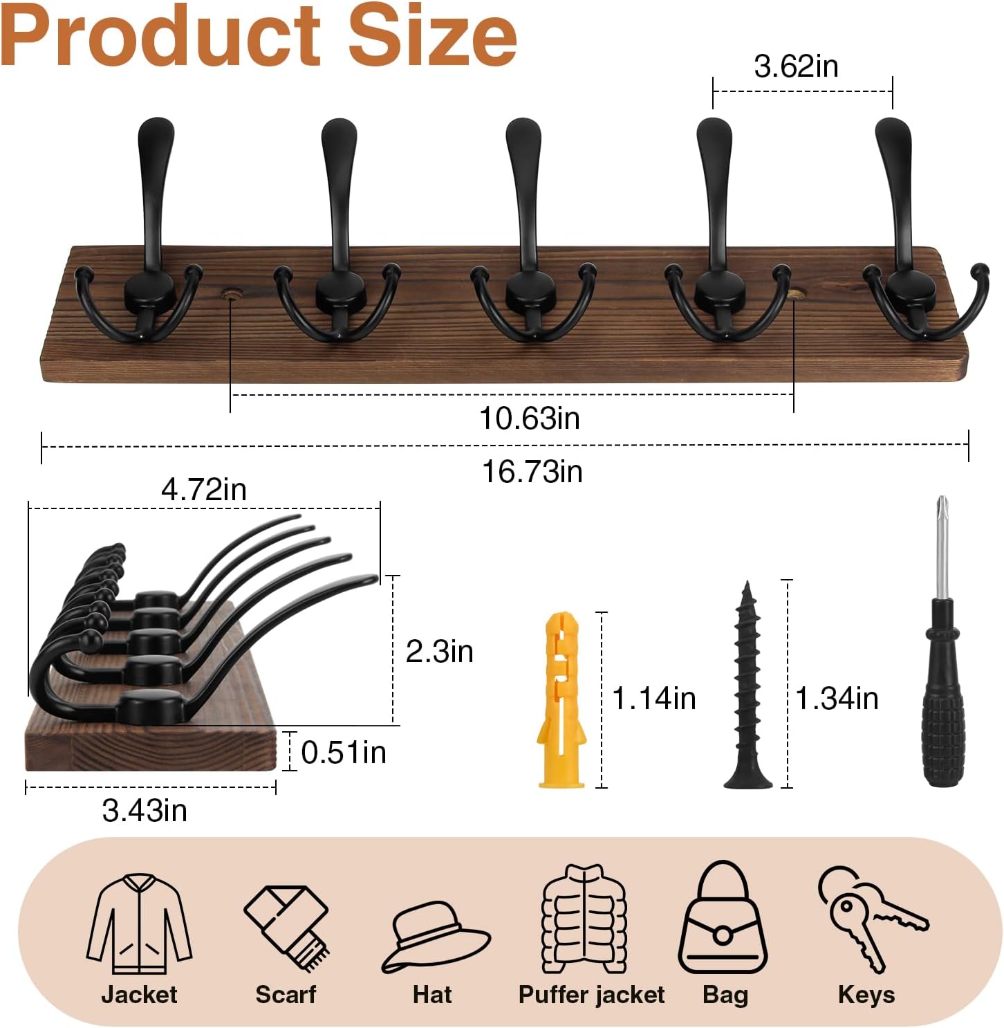 Wooden Coat Rack Wall Mount Heavy Duty, 2 Pack Coat Hanger Wall Mount with 5 Triple Hooks for Clothes, Jacket, Hat