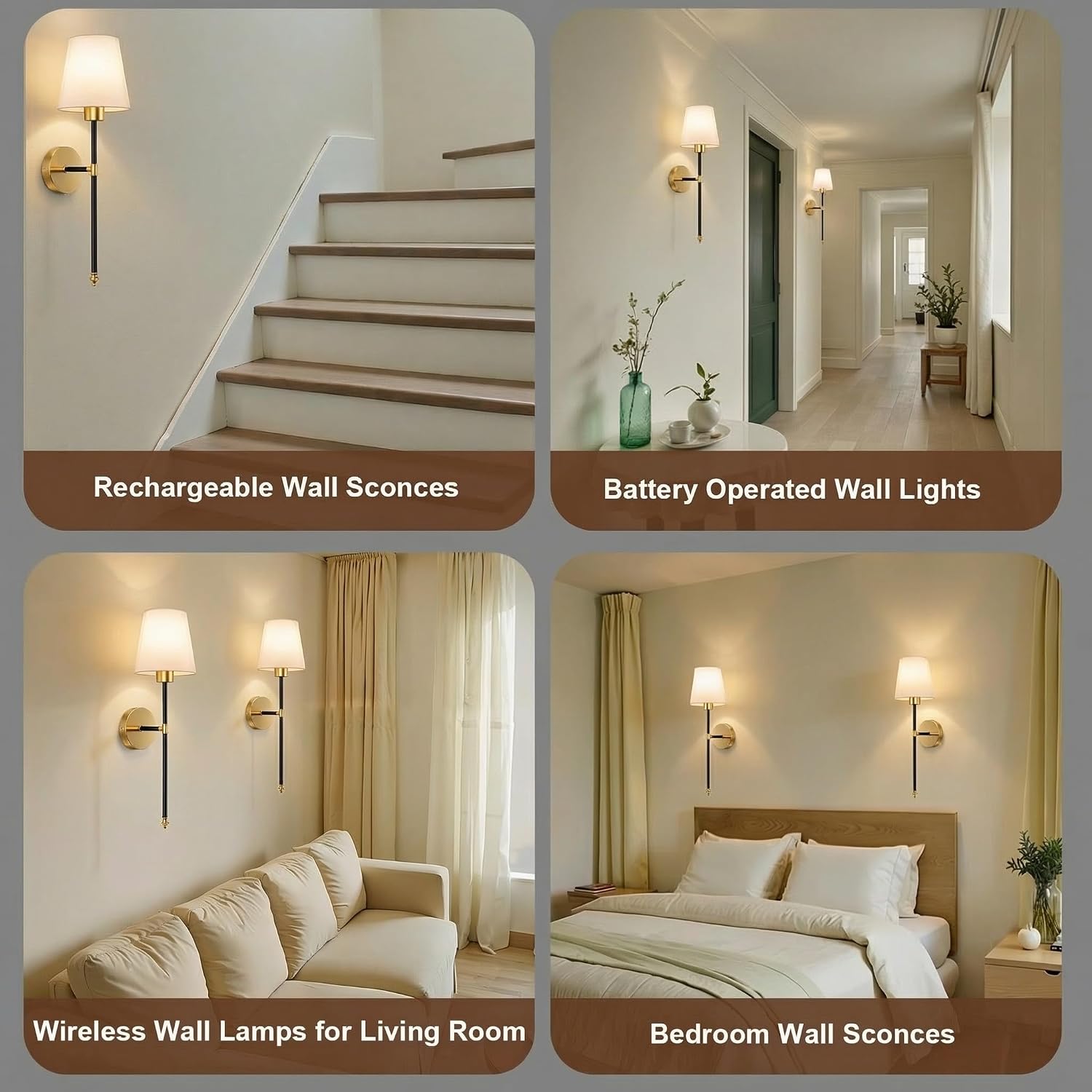 IRONPAX Wall Sconces Battery Operated Set of 2, Wireless Rechargeable Wall Sconce Set of Two, Dimmable Wall Lights with