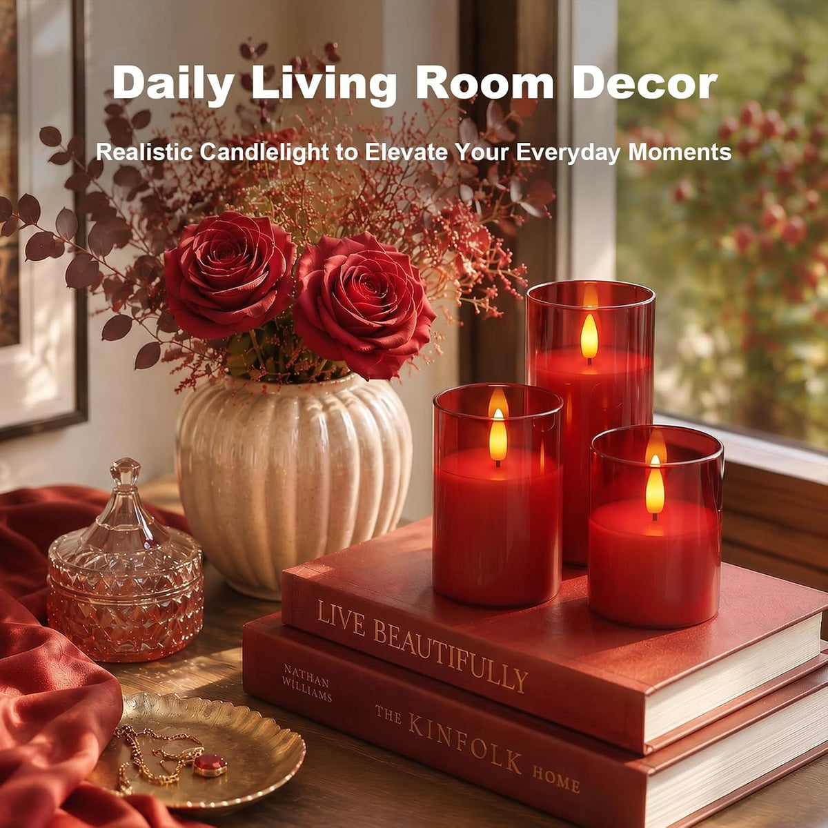 Amagic Red Glass Flameless LED Candles Battery Operated with Remote Timer | Real Wax Pillar Electric Candle, 3D